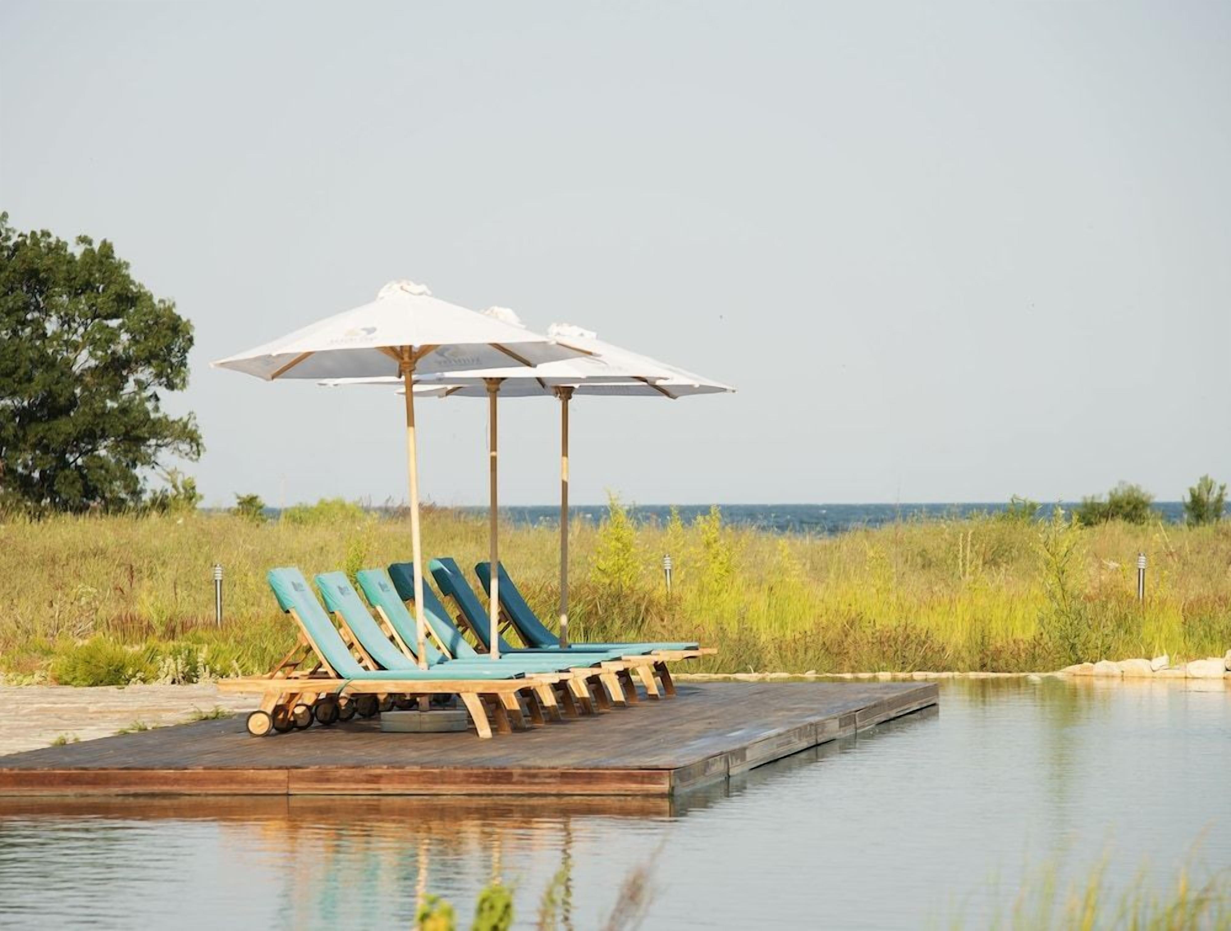 A poolside area with lounge chairs and umbrellas.