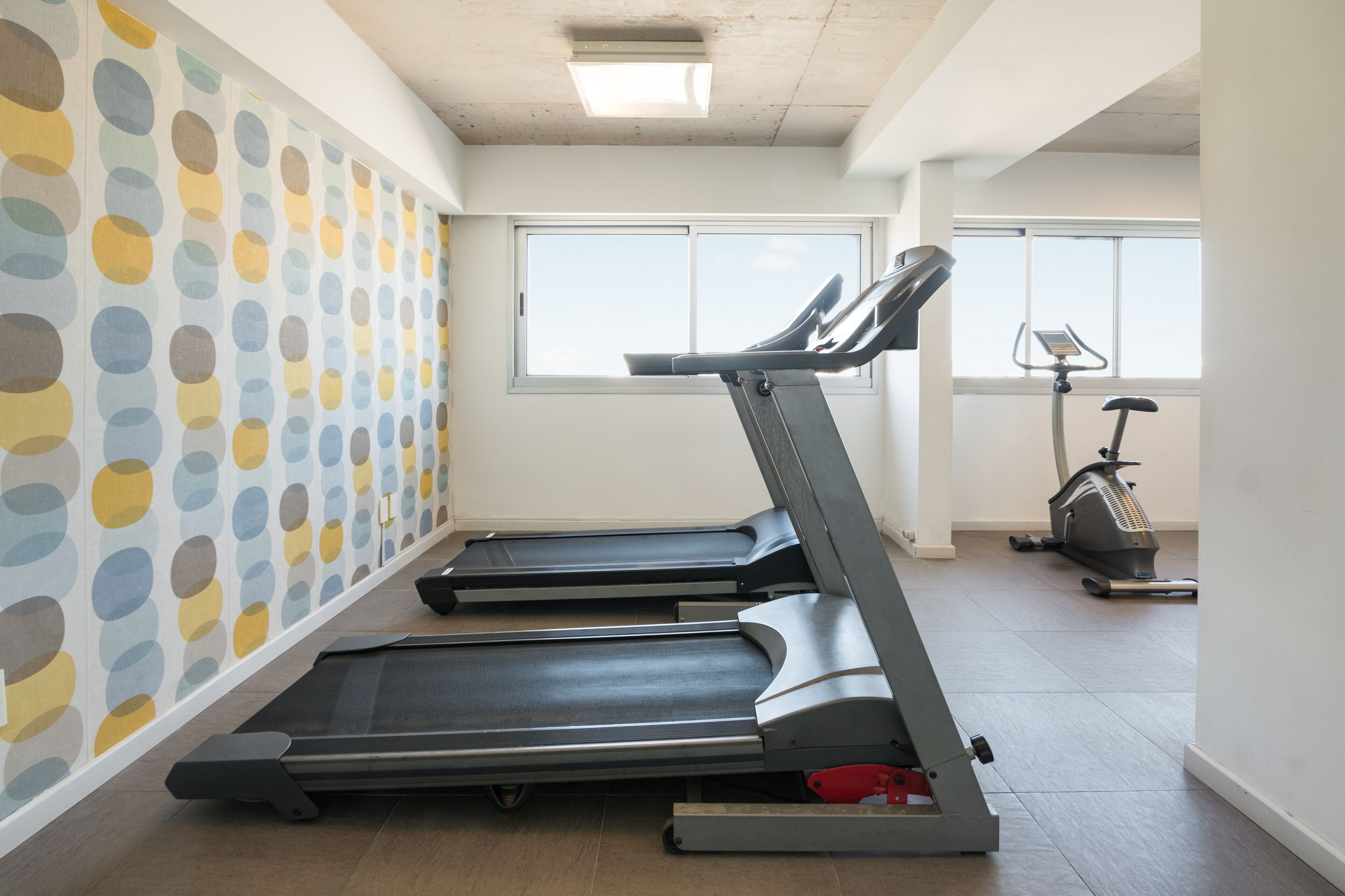 Academia com esteiras e uma máquina elíptica, janelas amplas e uma parede com bolinhas.