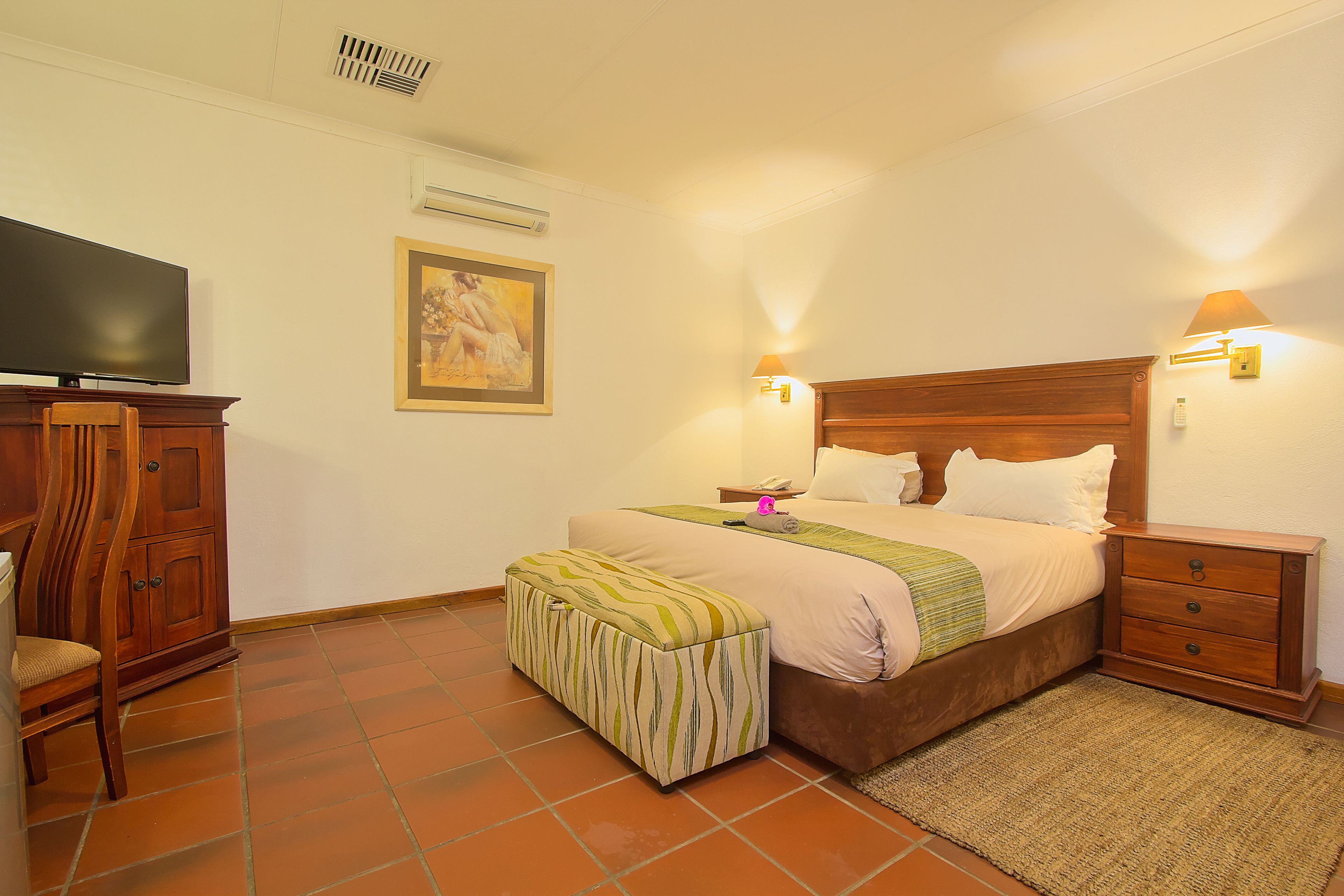 Quarto com cama, mesas de cabeceira, televisão e um quadro na parede.
