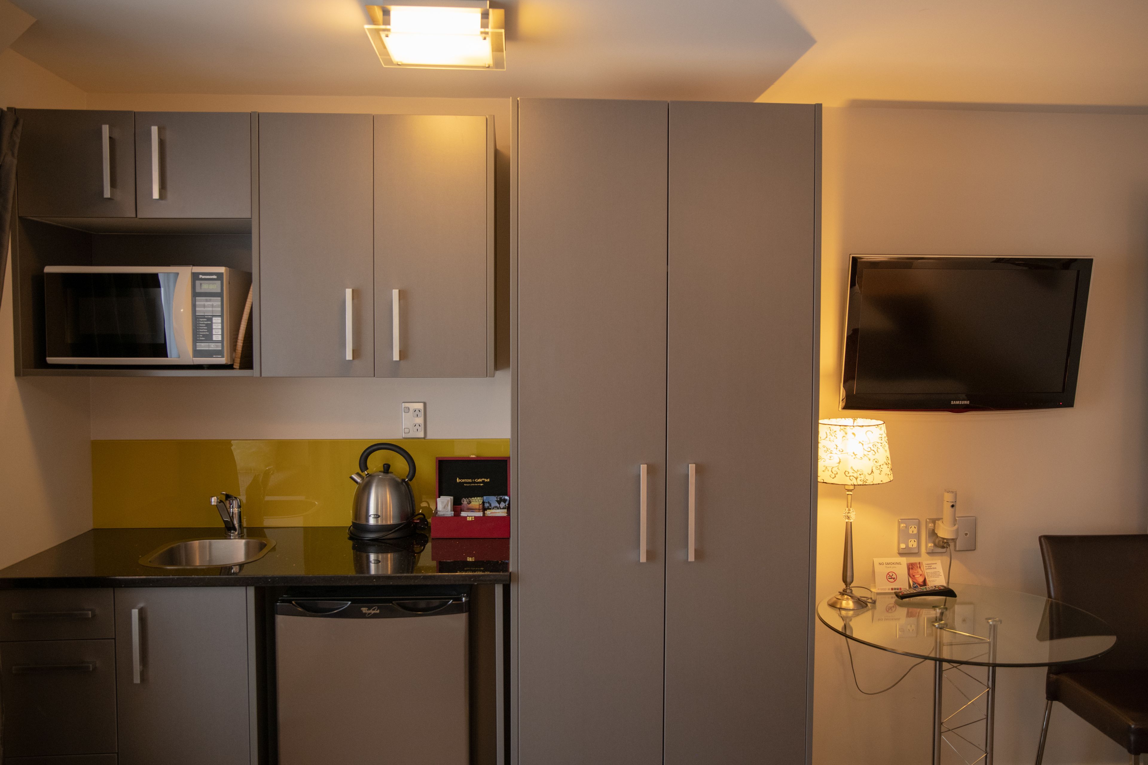 fridge, microwave, coffee/tea maker, electric kettle