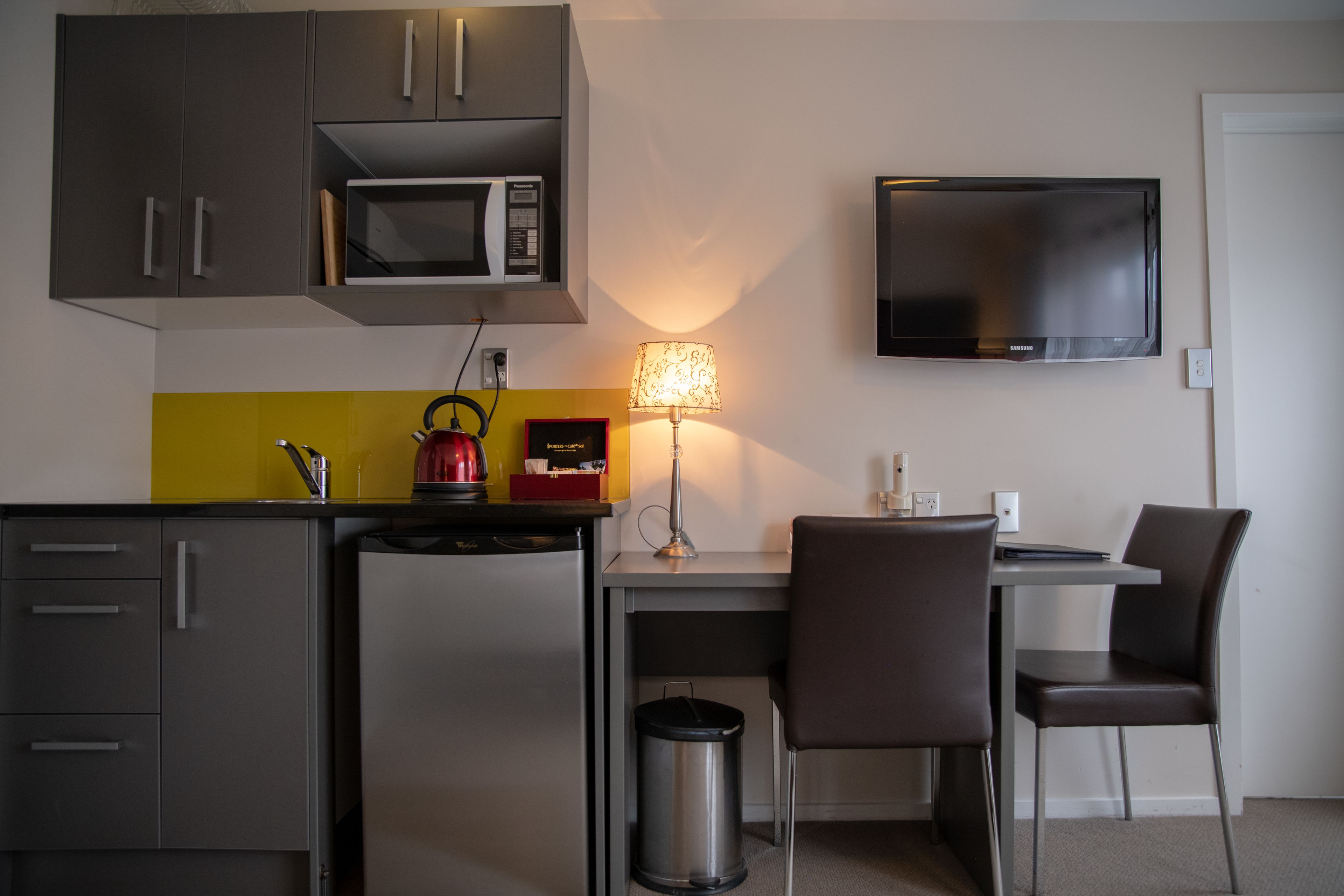 fridge, microwave, coffee/tea maker, electric kettle