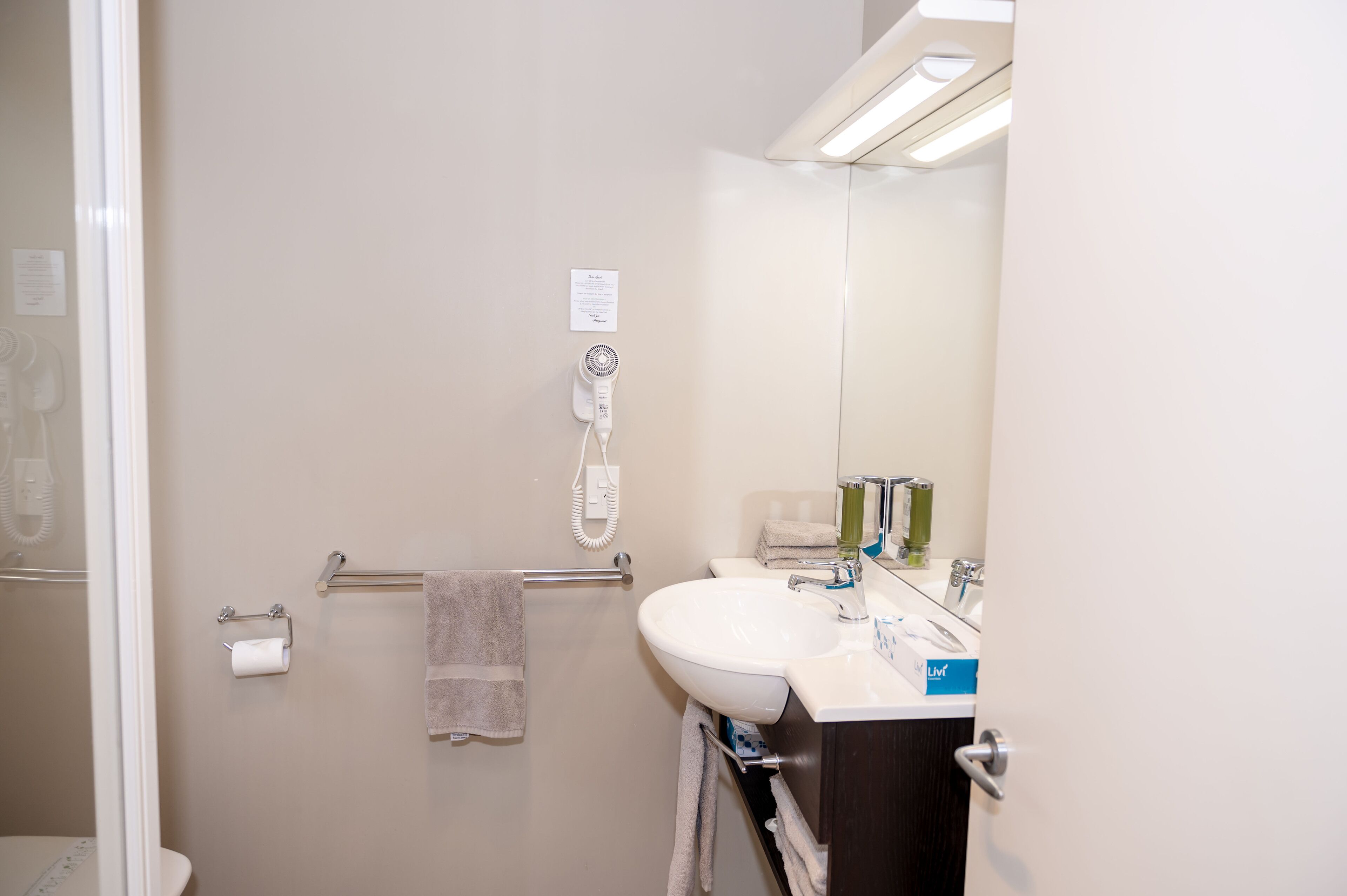 Une salle de bain comprenant des toilettes, un lavabo, un miroir, un porte-serviettes et un sèche-cheveux.