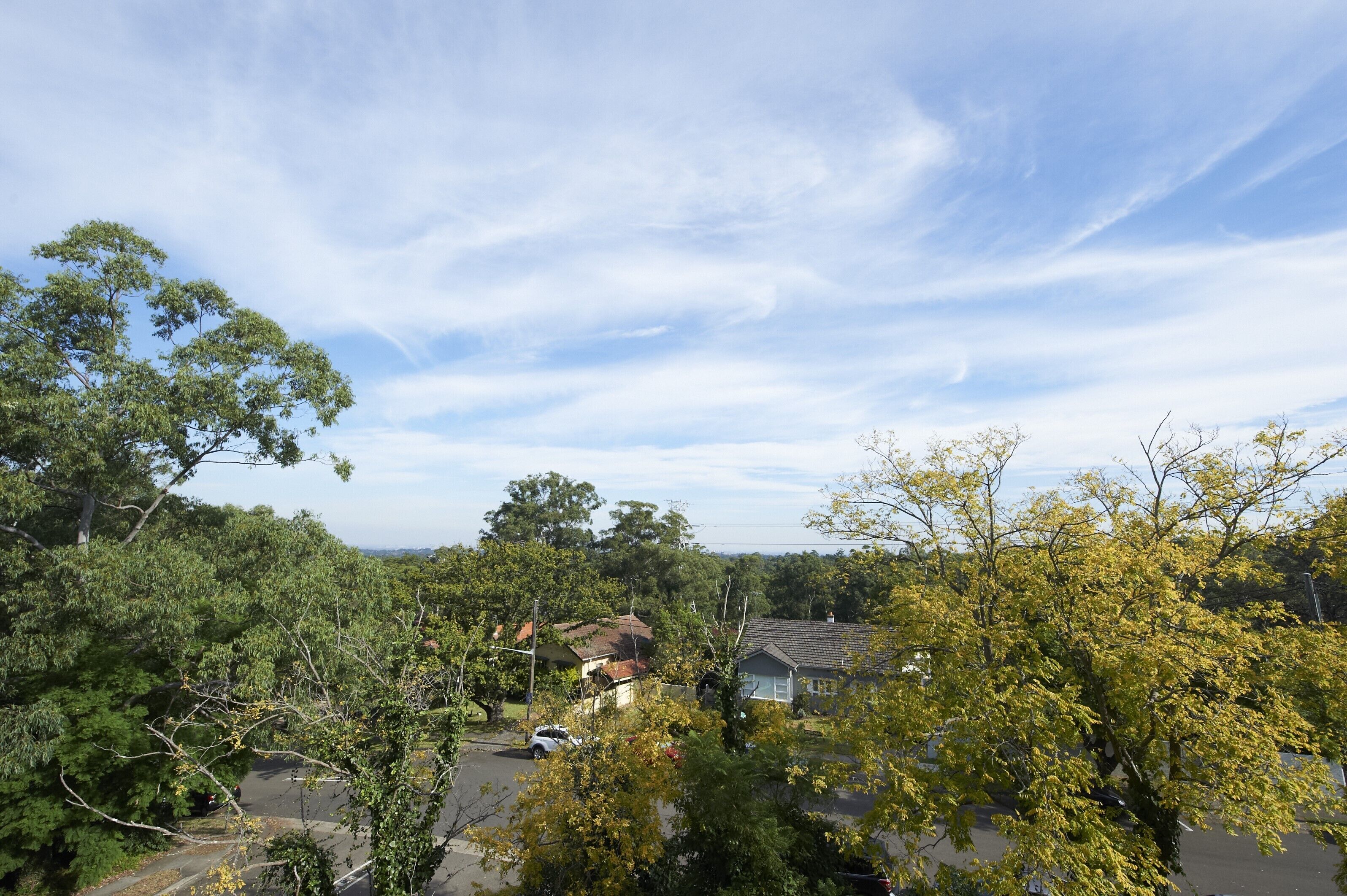 A residential area with houses, trees, and a clear sky.
