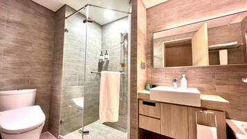 Hair dryer, slippers, towels