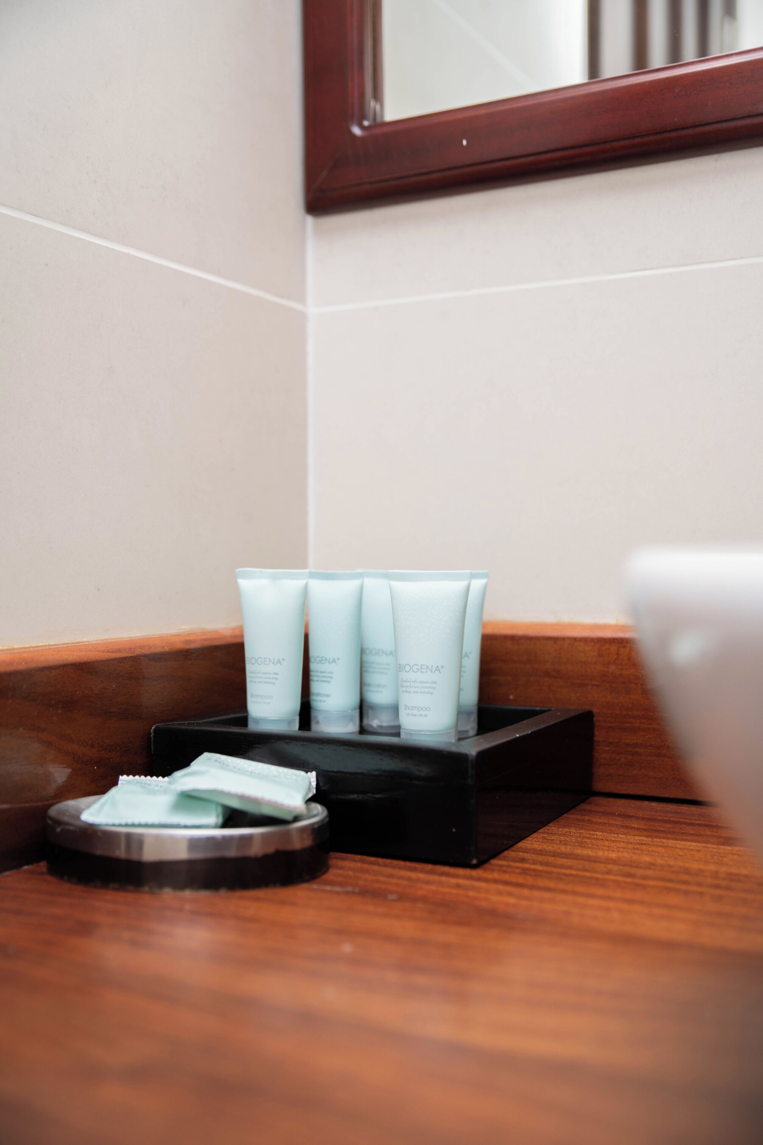A bathroom with toiletries on a tray.