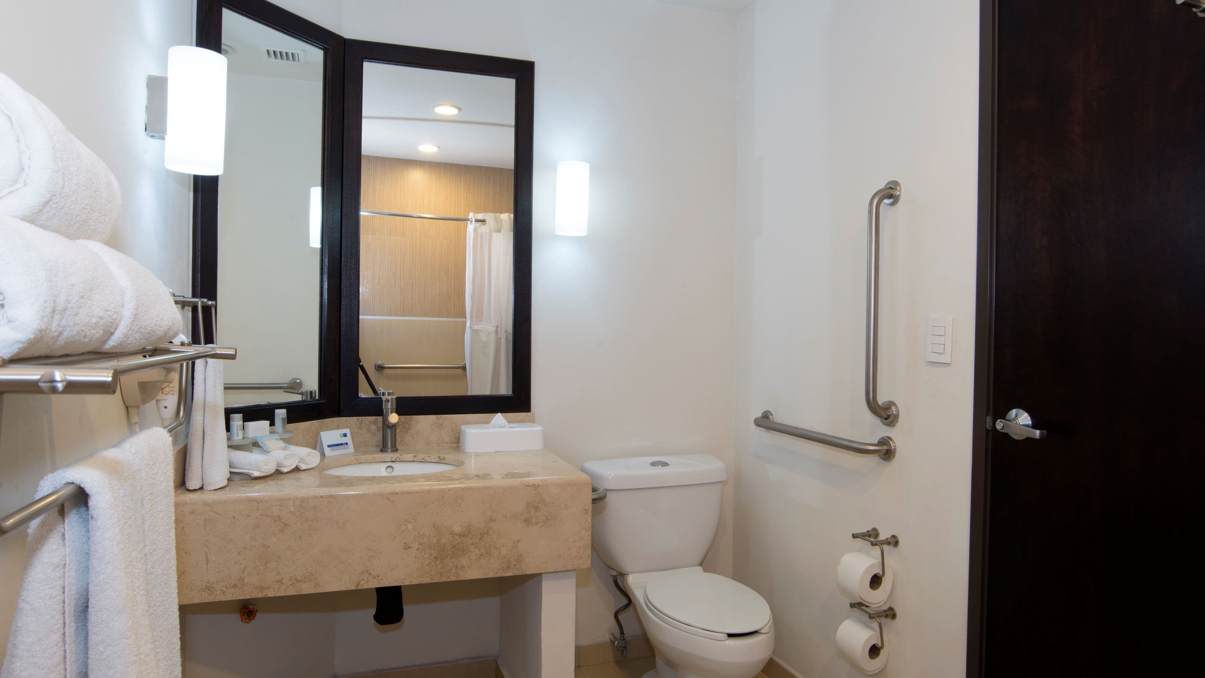 standard room, 1 king bed, accessible | bathroom | shower, hydromassage showerhead, hair dryer, towels