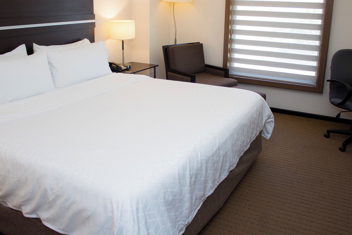 Quarto de hotel com uma cama grande, uma escrivaninha com luminária, uma cadeira e uma janela com persianas.