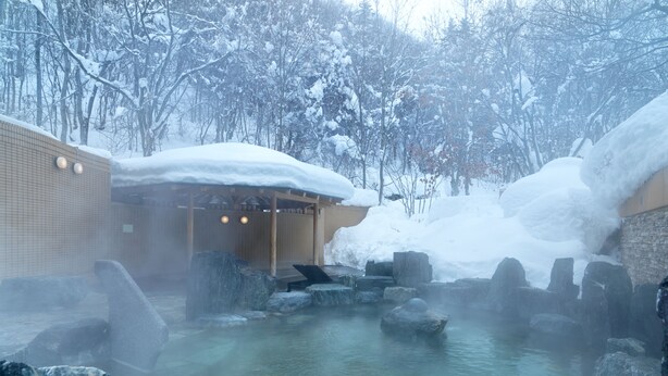 Ein Thermalgebiet mit Steinsitzen und einer Holzkonstruktion, umgeben von schneebedeckten Bäumen.