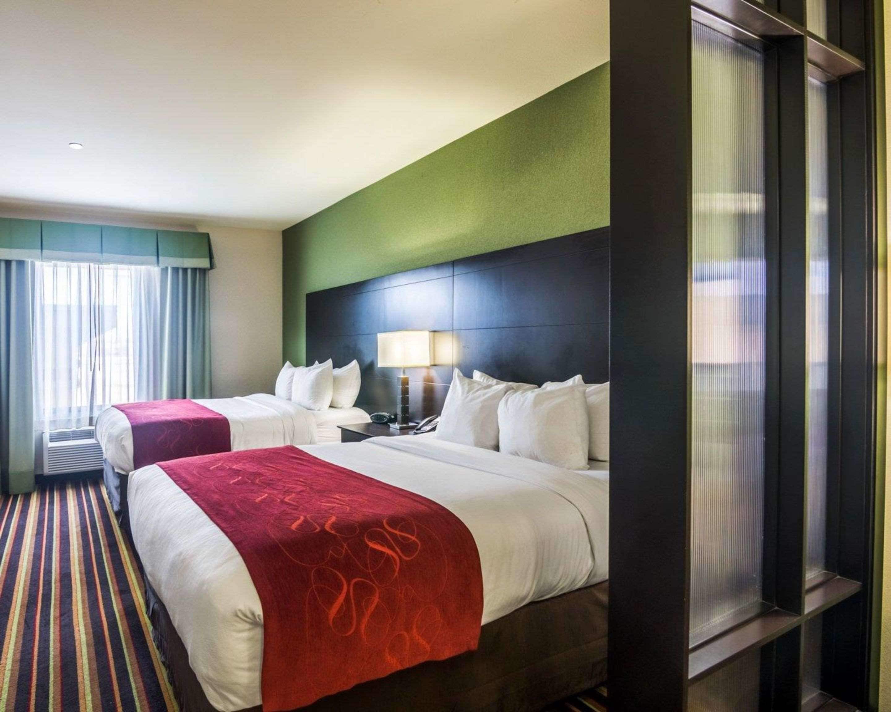 Une chambre d’hôtel avec deux lits, une grande fenêtre et un design moderne.