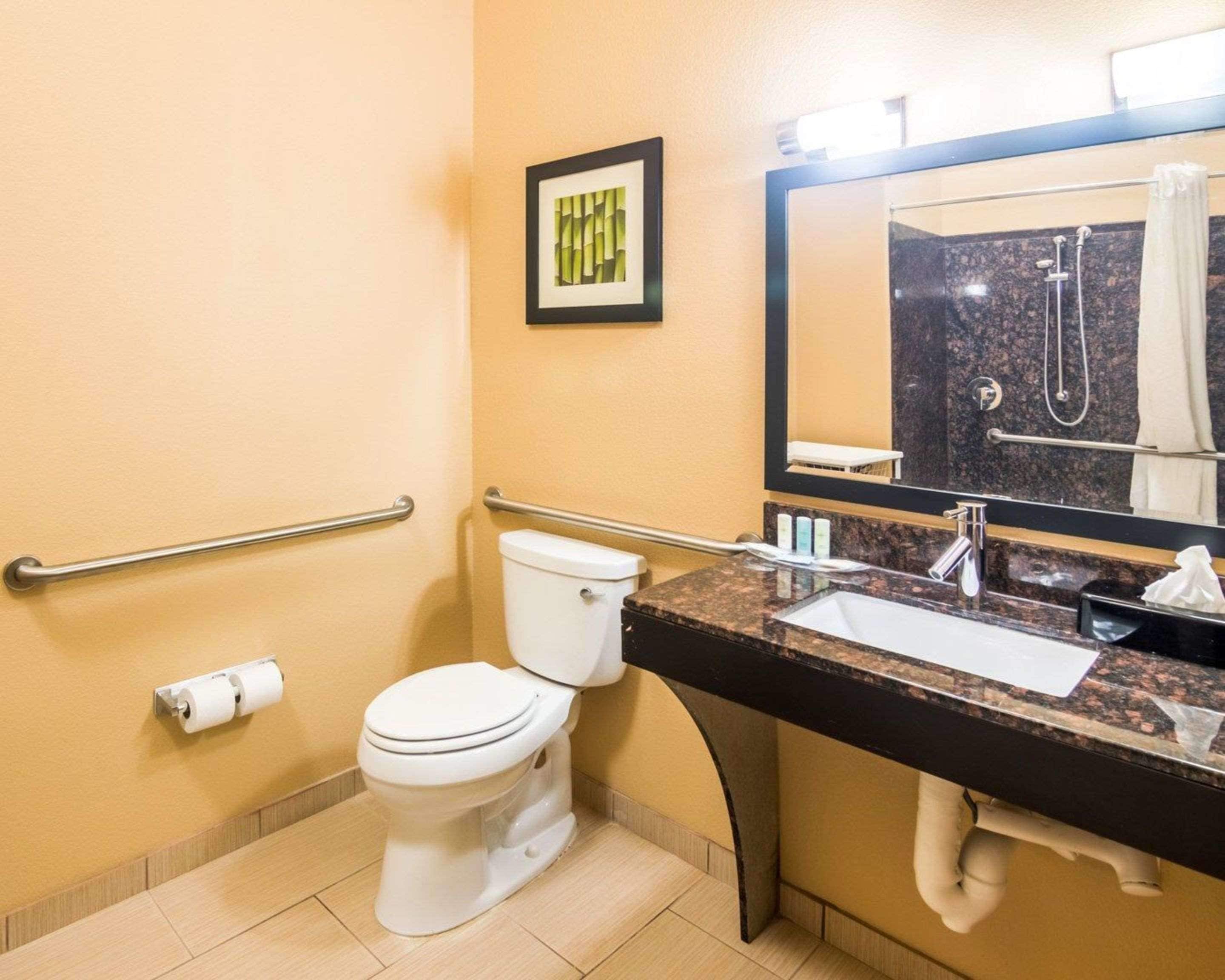 Een badkamer met toilet, wastafel, spiegel en een handgreep.