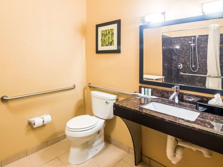 Een badkamer met toilet, wastafel, spiegel en een handgreep.