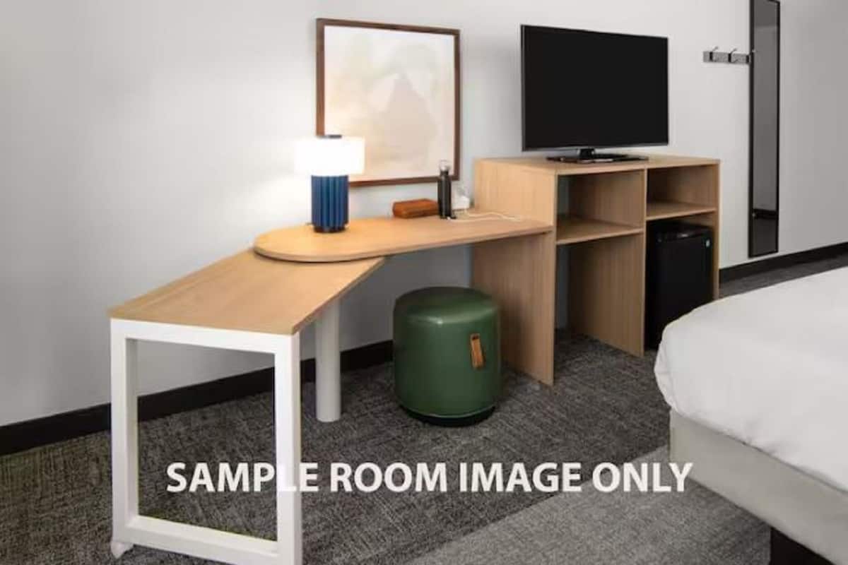 A hotel room with a bed, a desk with a lamp, a television, and a trash bin.