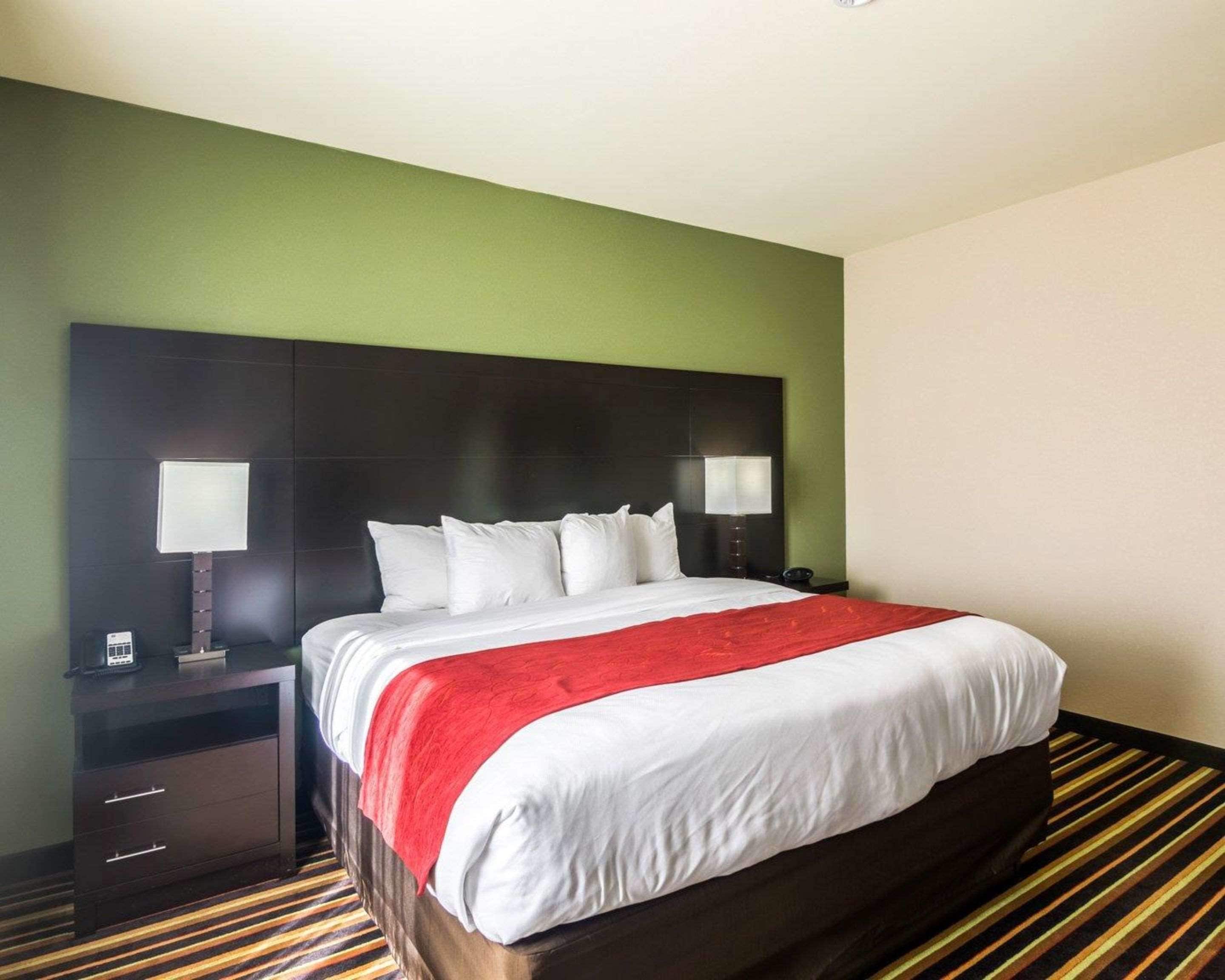 A hotel room with a large bed, two bedside lamps, a nightstand, and a striped carpet.