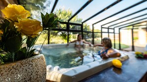 A hot tub with two people, surrounded by a glass enclosure, and a potted plant with yellow flowers. - Gooderson Kloppenheim Country Estate (eNtokozweni)