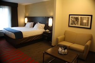 Una habitación de hotel con una cama grande, un sofá, una mesa de centro y un cuadro en la pared.