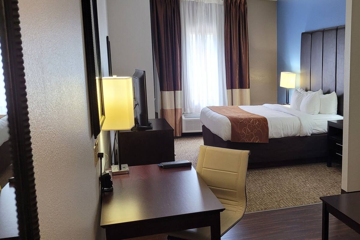 A hotel room with a bed, a desk, a chair, a TV, and a lamp.