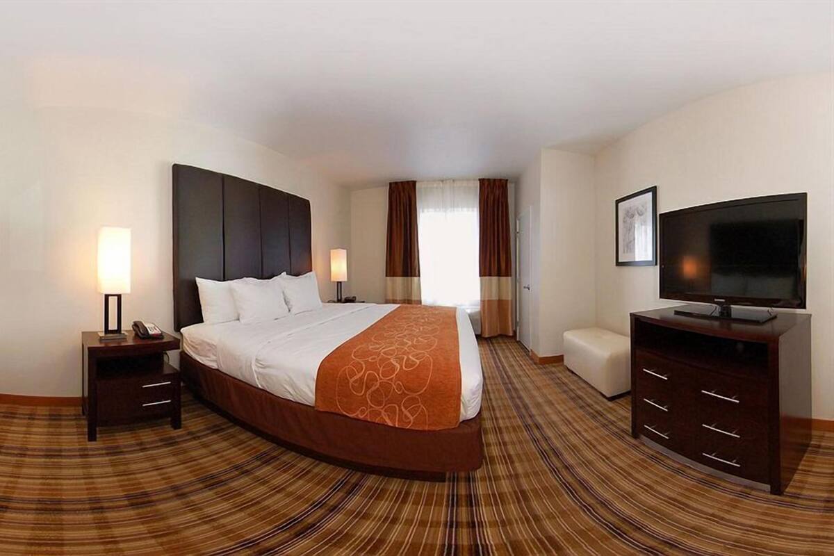 A hotel room with a large bed, two bedside tables with lamps, a television, and a carpeted floor.