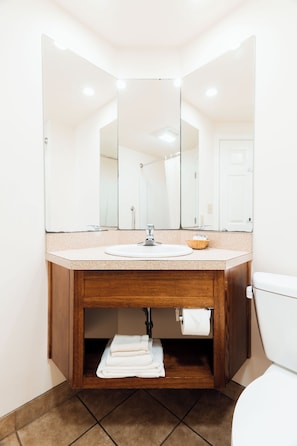 Shower, free toiletries, hair dryer, towels