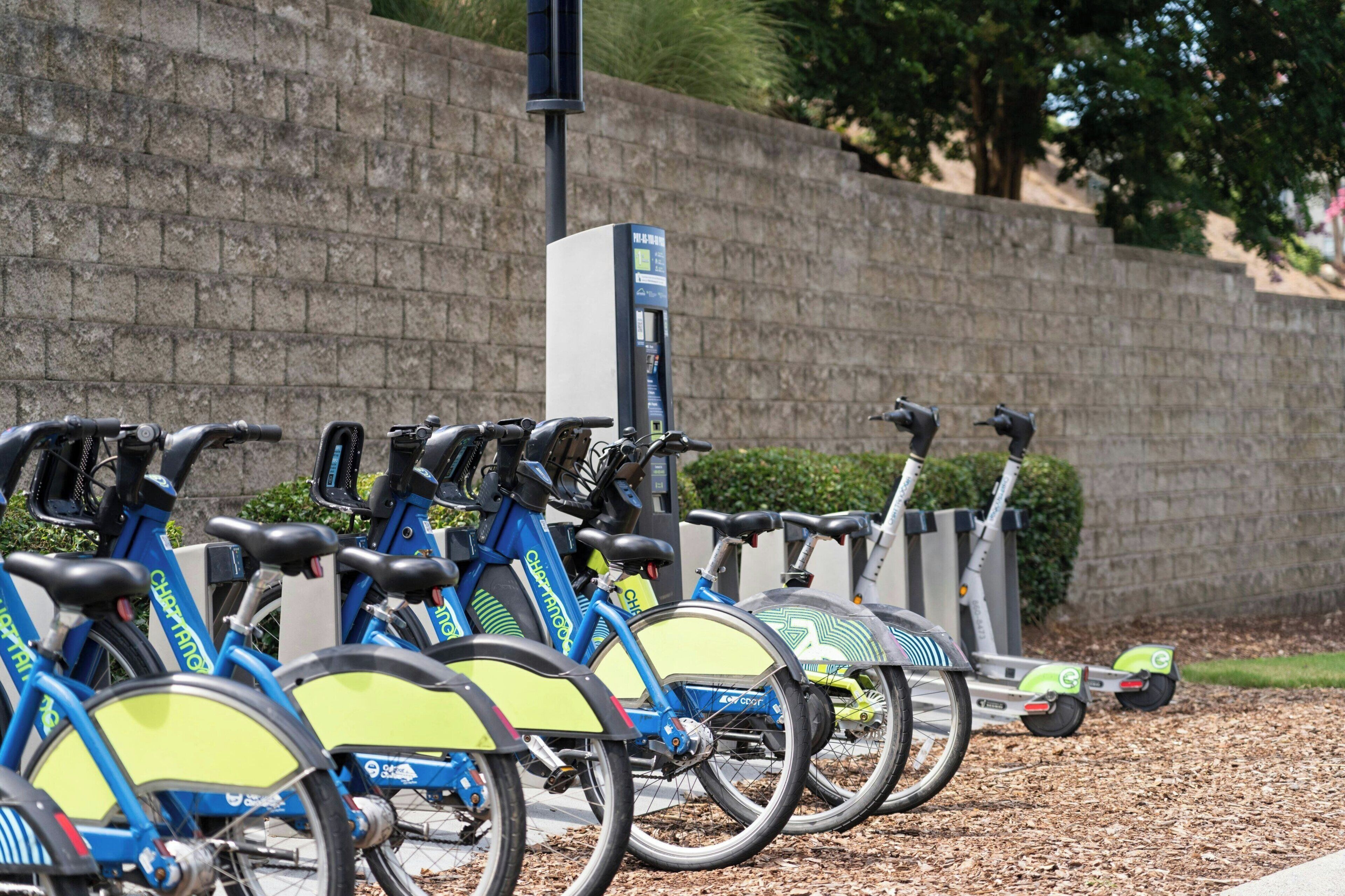 A row of bicycles parked against a stone wall.
