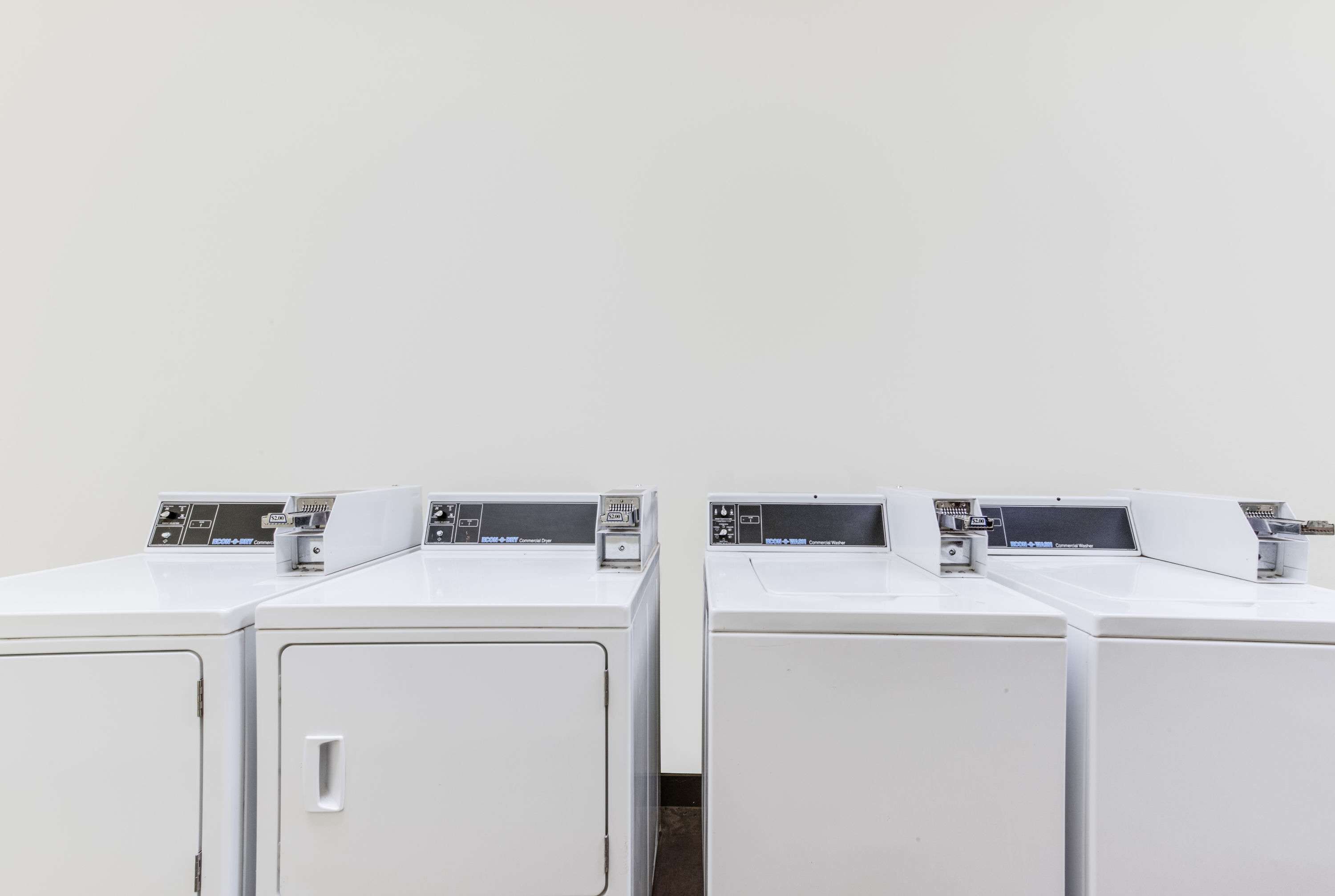 Une rangée de machines à laver blanches et identiques se trouve dans une pièce propre et vide, dont le mur est d’un style sobre.