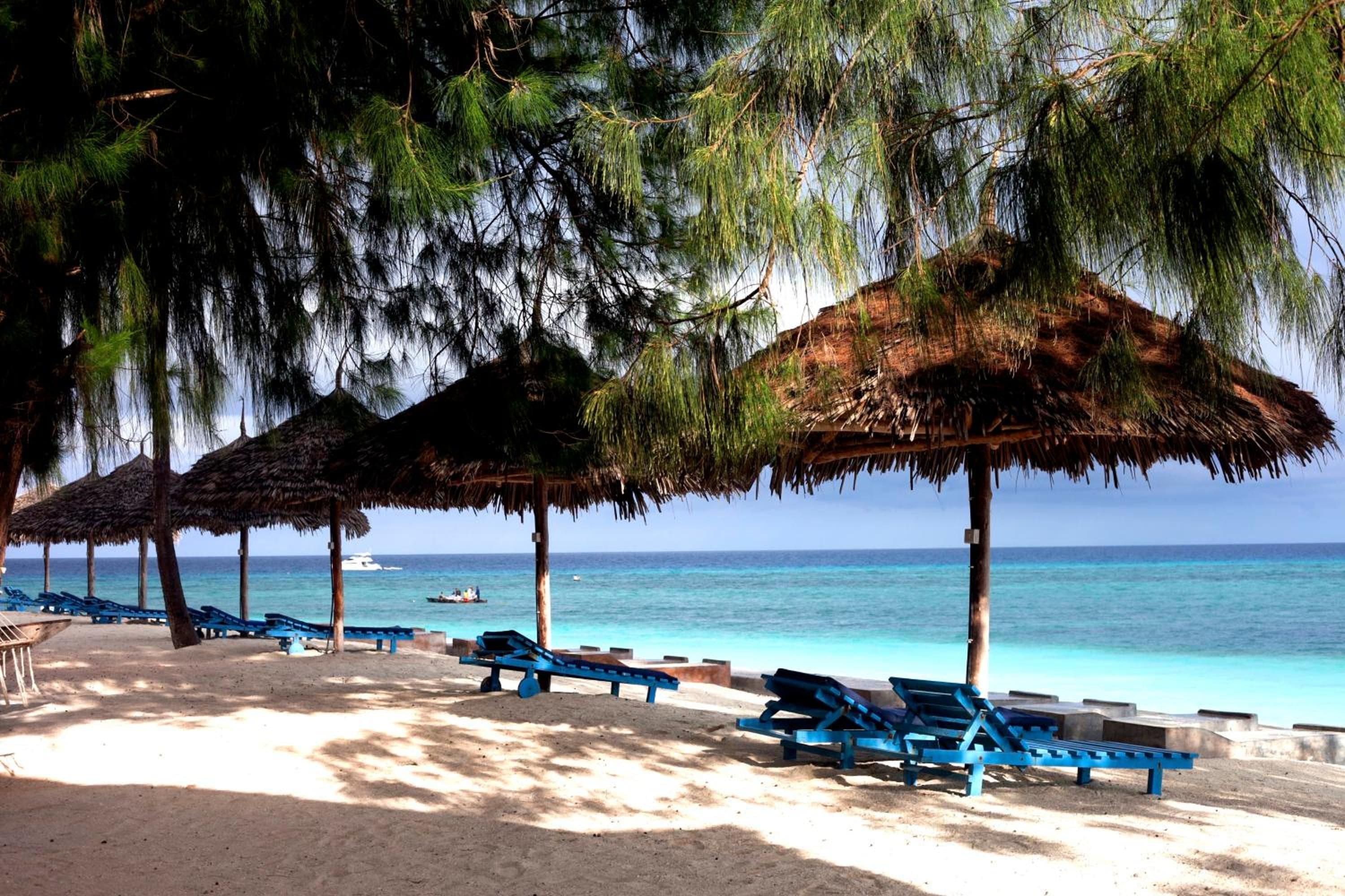 A beach with thatched umbrellas and blue lounge chairs.