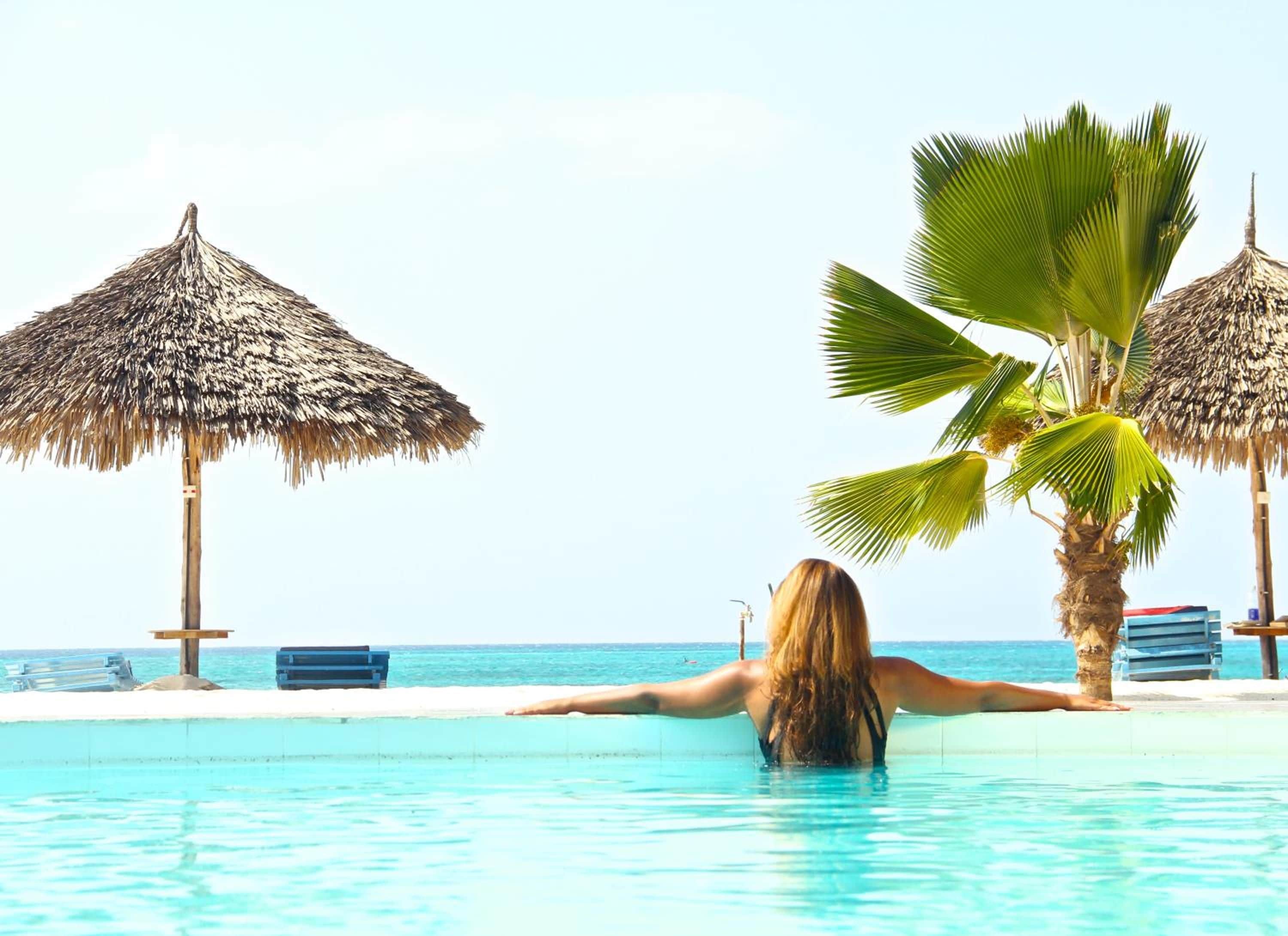 Une personne se détend dans une piscine, avec vue sur l’océan et les palmiers.