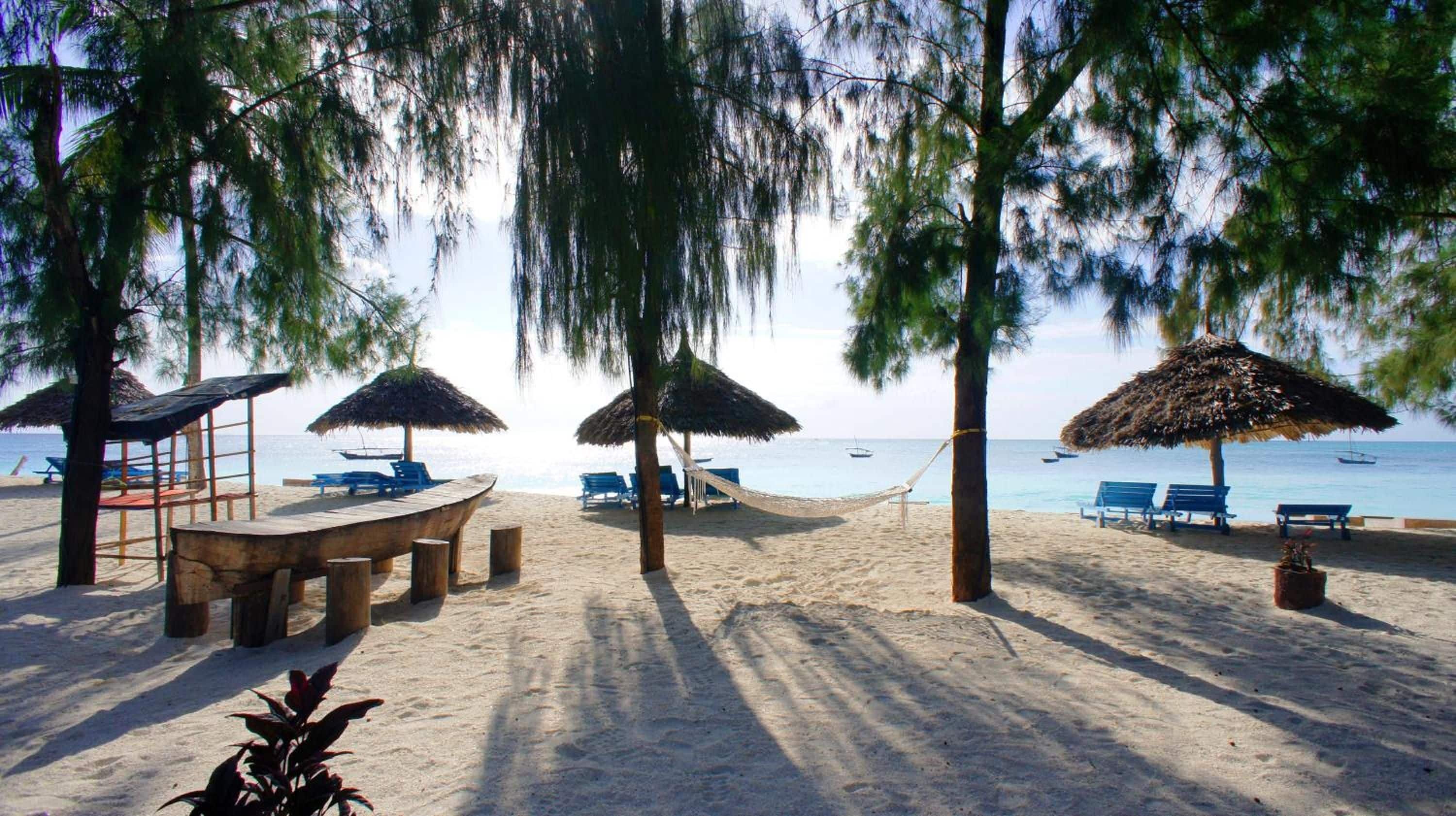 A beach with thatched umbrellas, wooden benches, and lounge chairs.