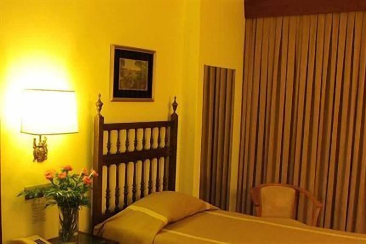 Une chambre d’hôtel avec un lit, une table de chevet avec une lampe, un tableau encadré au mur et une fenêtre avec des rideaux.