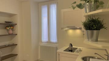 Apartamento, 1 quarto (Small) | Cozinha privada | Geladeira, cooktop, cafeteira/chaleira, chaleira elétrica
