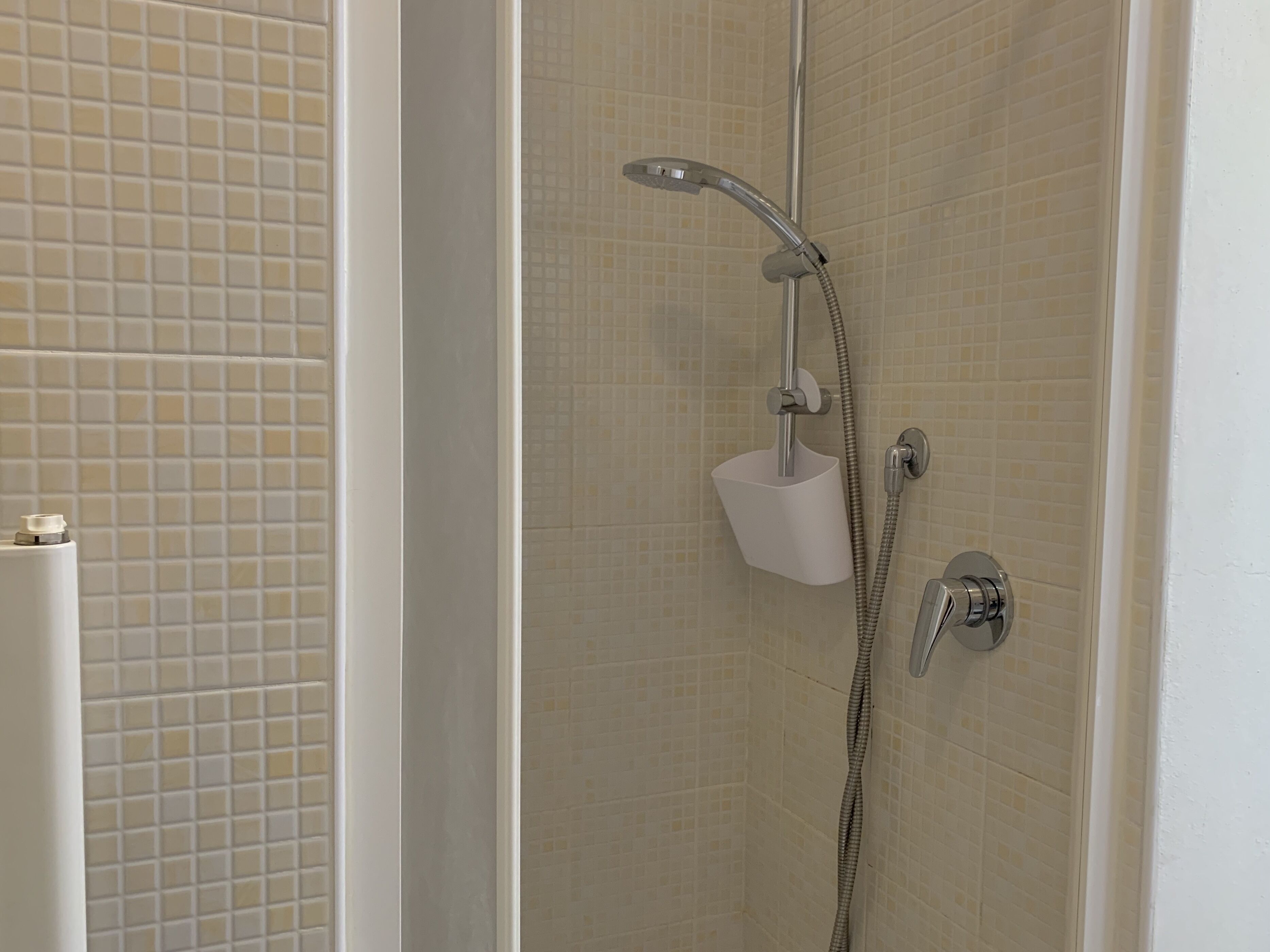 A shower with a handheld showerhead and a wall-mounted faucet.