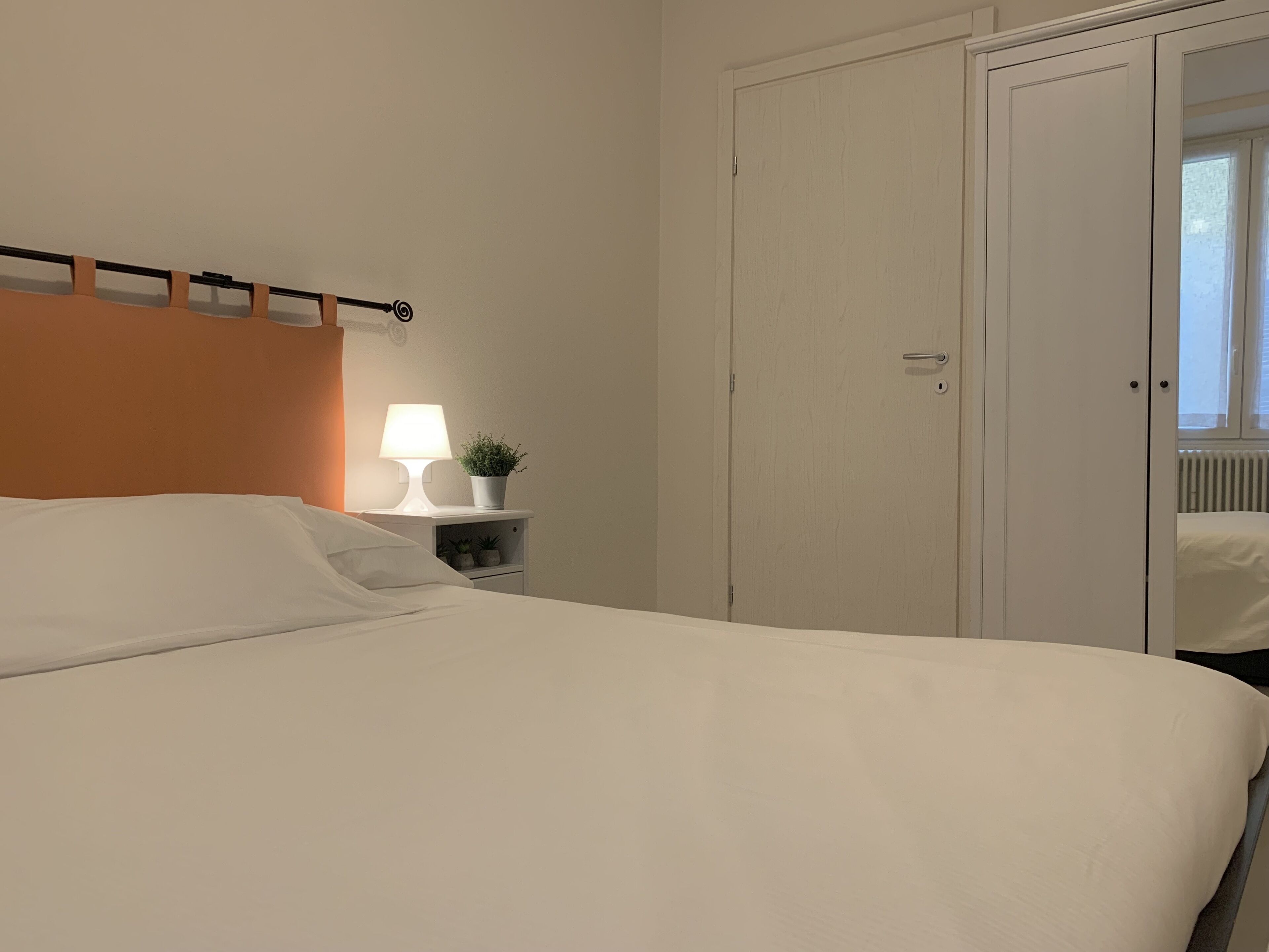 A neatly made bed with white linens, a bedside lamp, and a small potted plant on a bedside table.