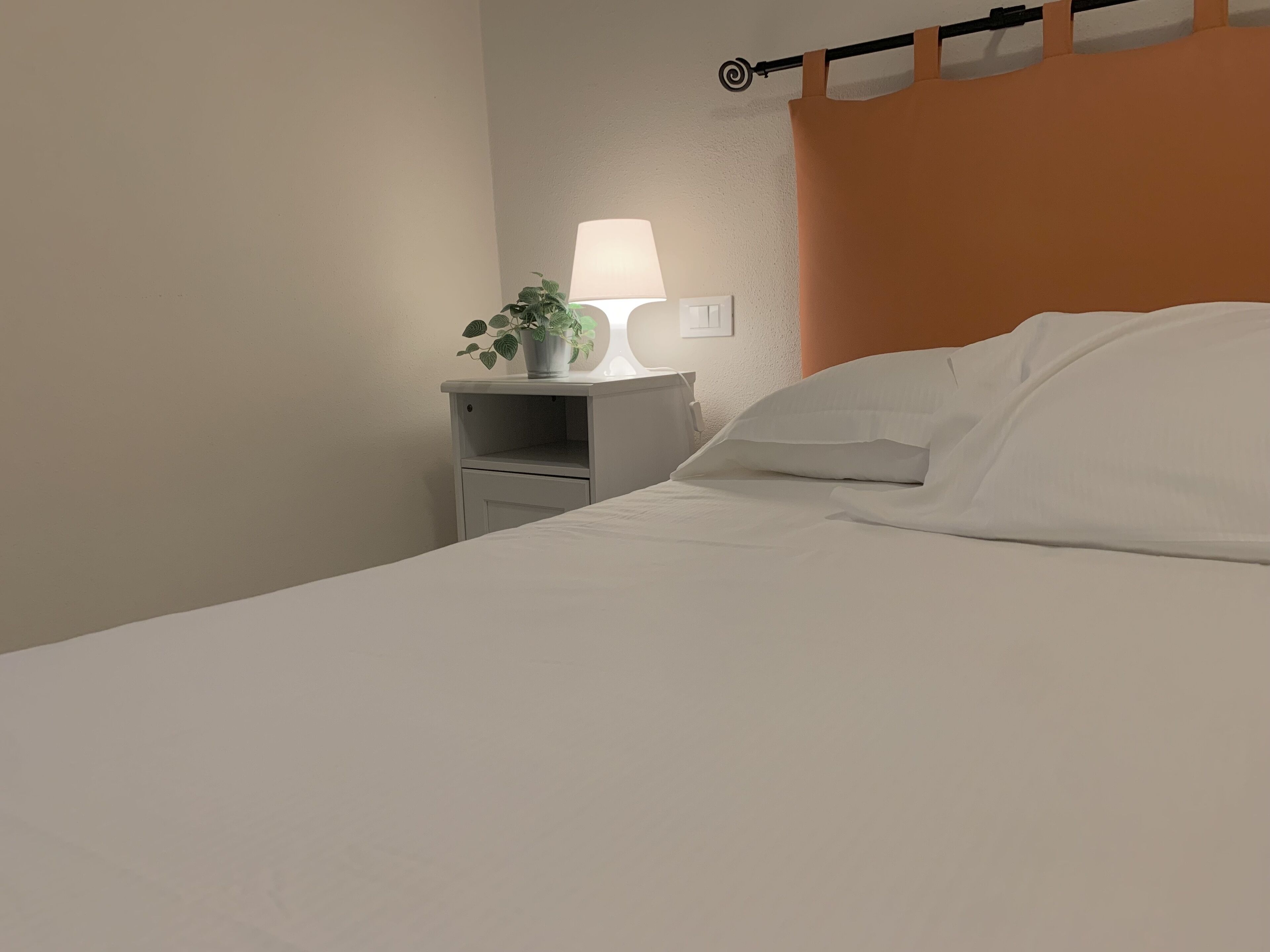 A neatly made bed with white linens, a bedside lamp, and a small potted plant on a white nightstand.