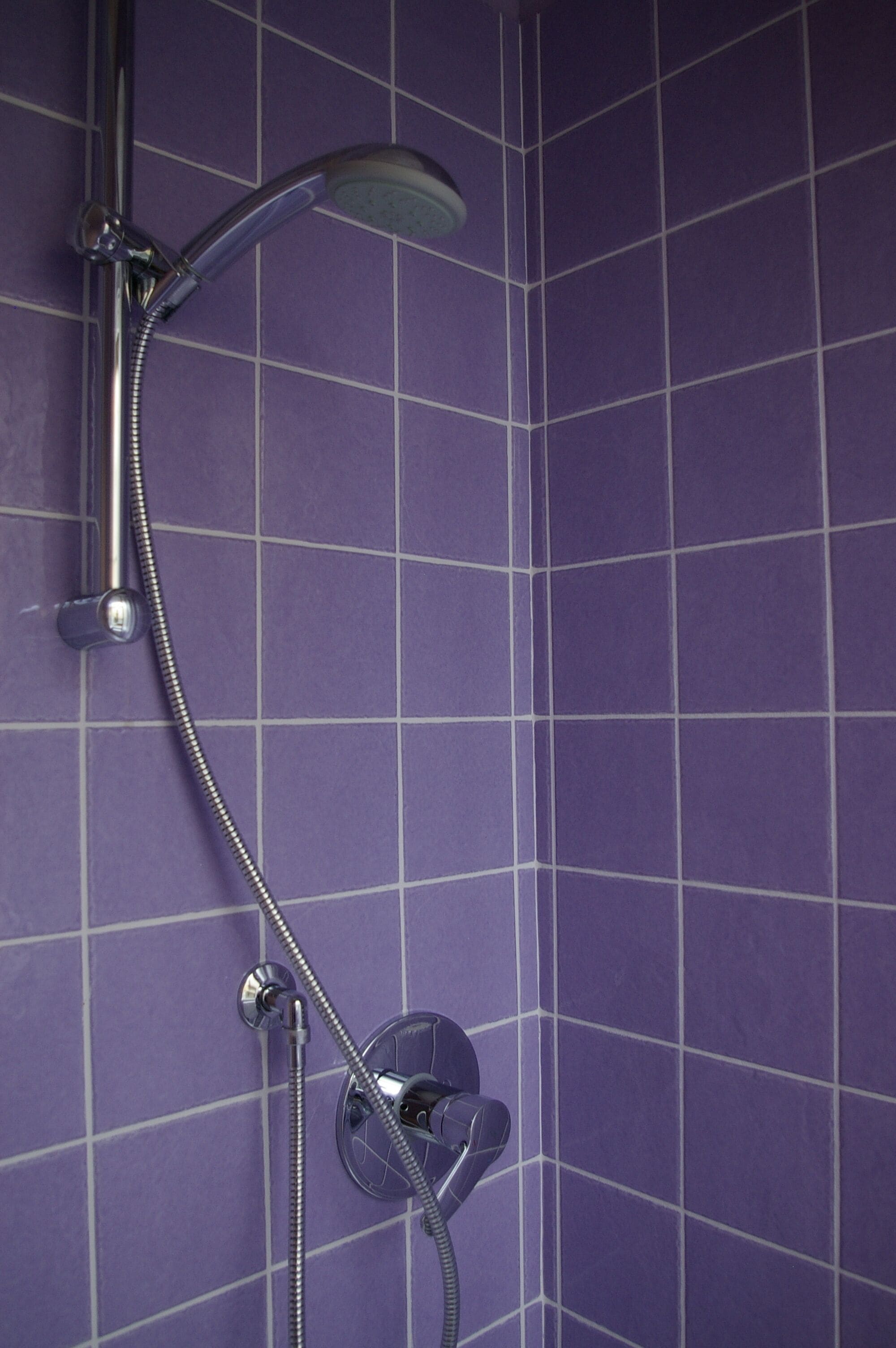 Une douche équipée d’un pommeau de douche à main et de commandes murales.