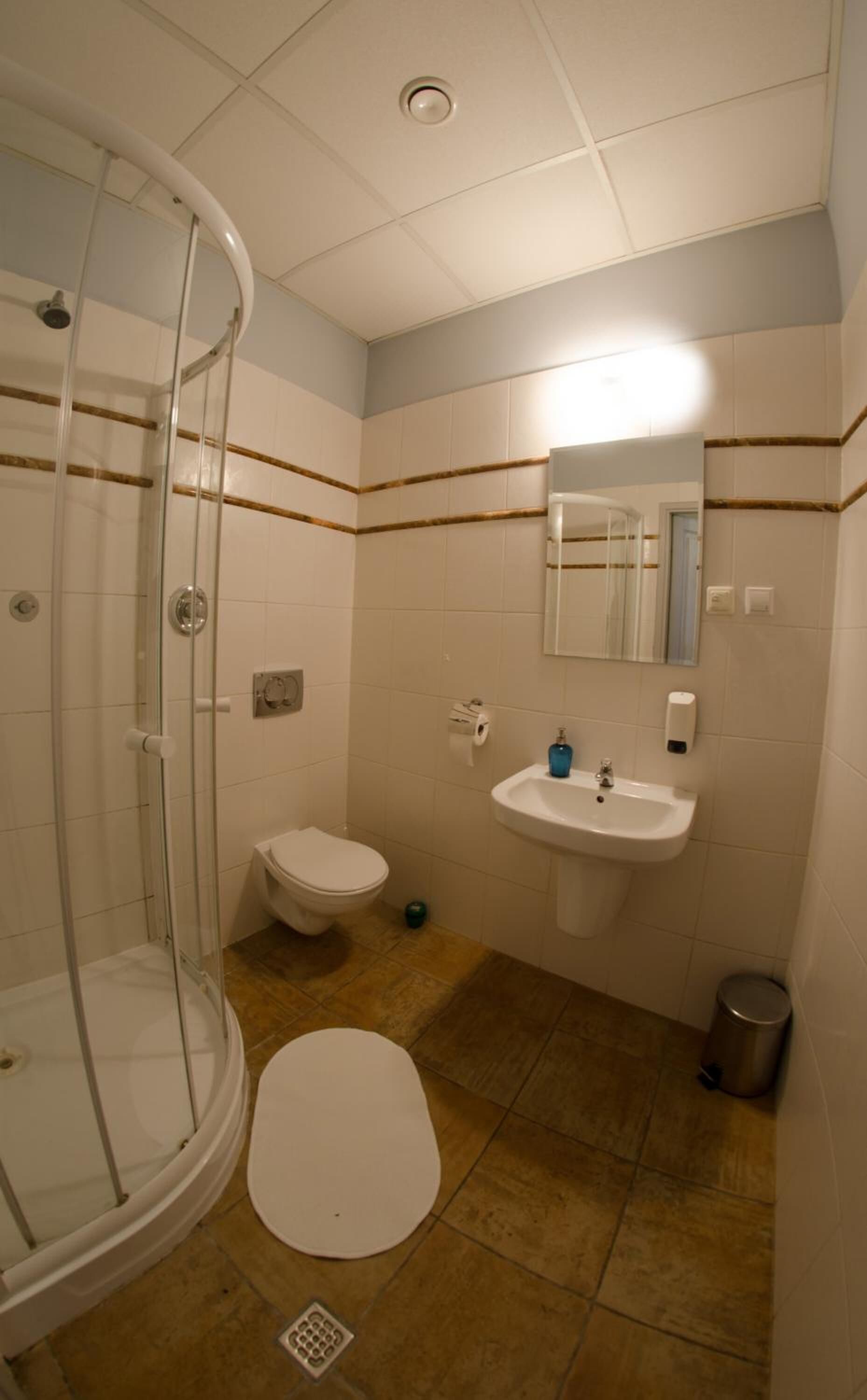 A bathroom with a glass shower enclosure, a toilet, a sink, and a trash can.