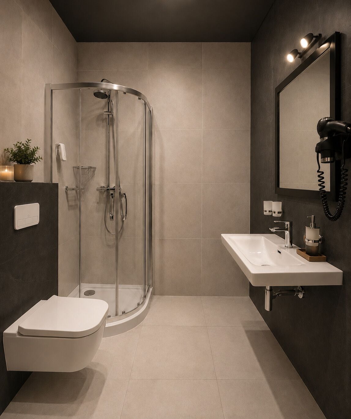 A modern bathroom with a glass-enclosed shower, a white toilet, and a sink with a mirror above it.
