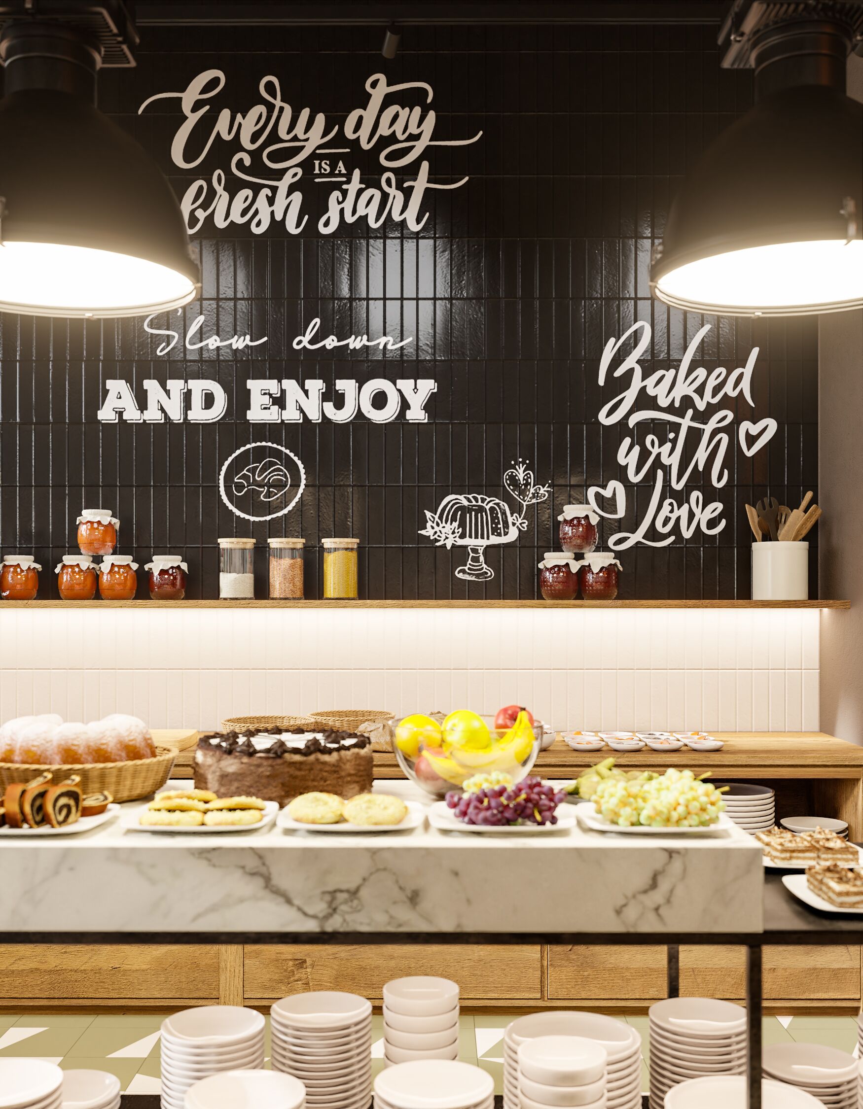 A kitchen counter with a variety of baked goods and condiments, a sign with motivational phrases, and a tiled backsplash.