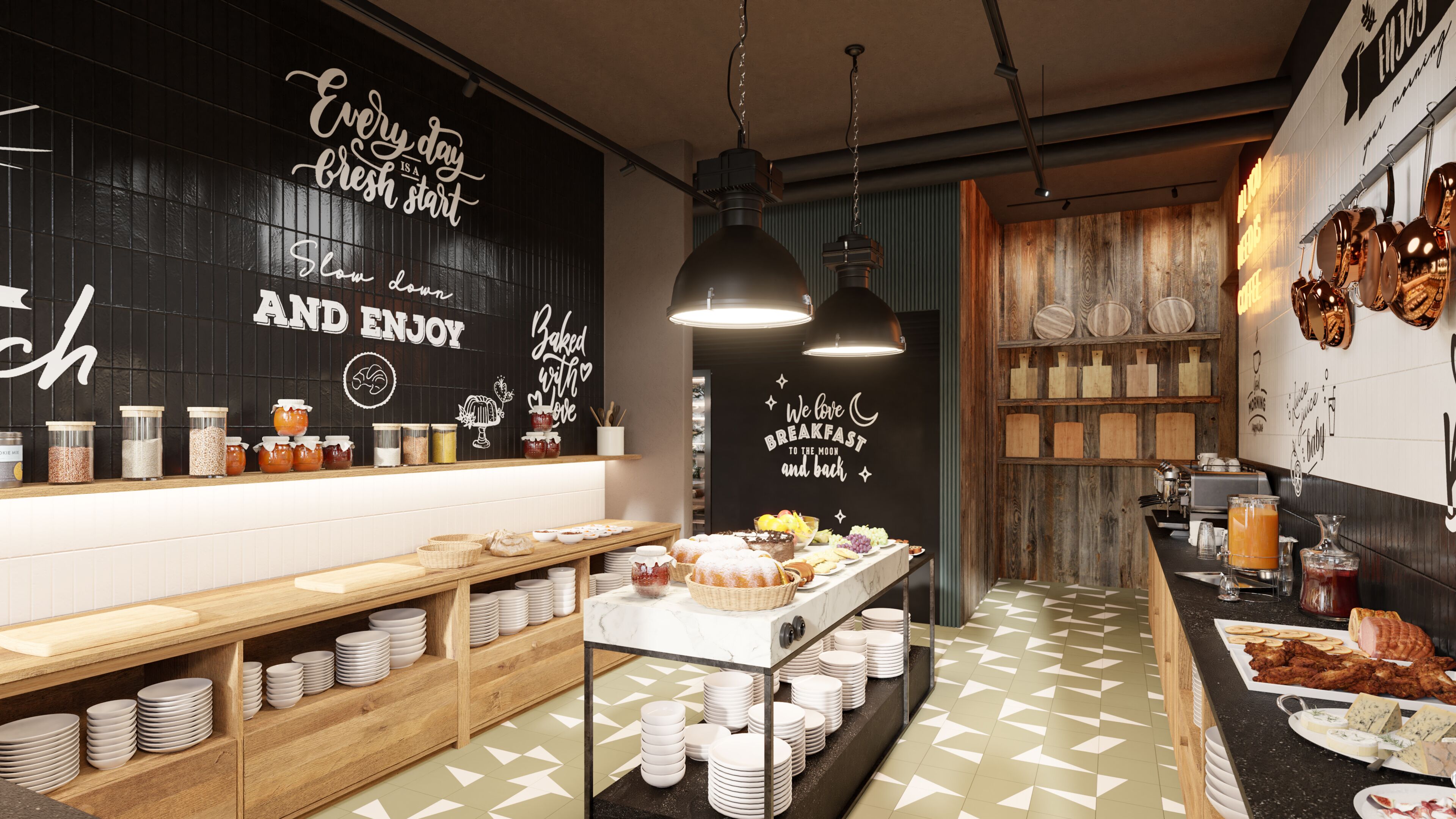 A modern kitchen with a black backsplash, wooden shelves, and a breakfast bar.