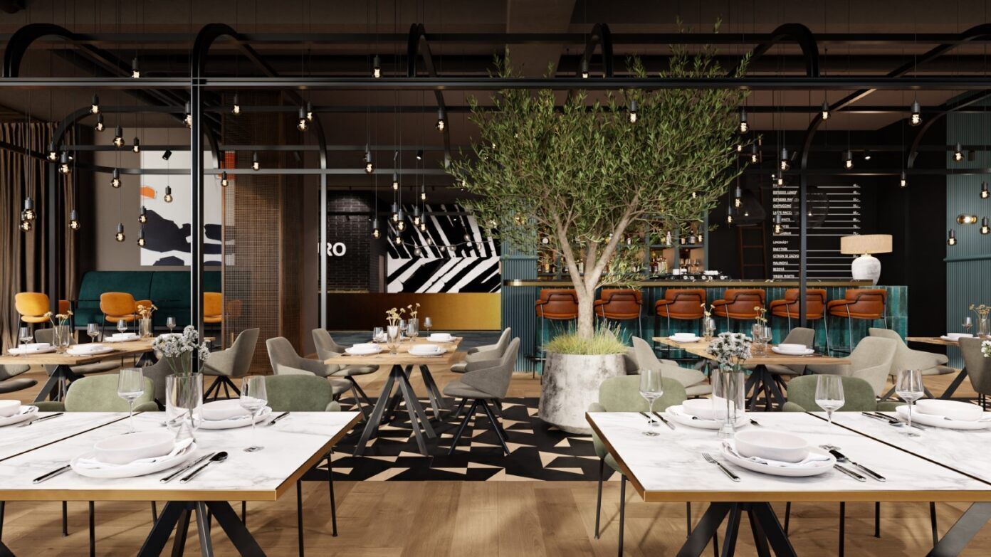 A modern restaurant interior with multiple dining tables, chairs, and hanging light fixtures.