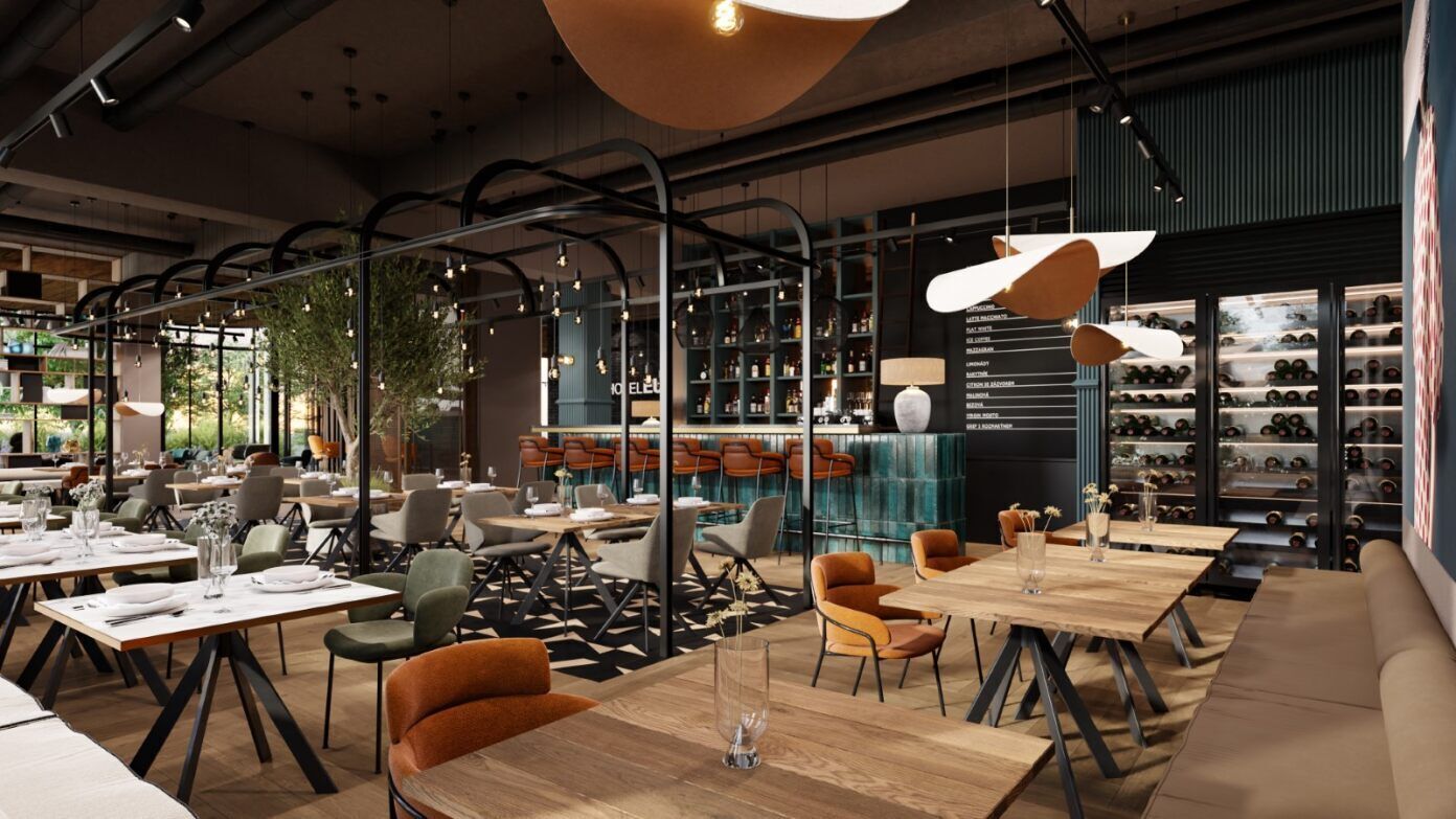 Un ristorante moderno con tavoli in legno, sedie arancioni e lampade pendenti.