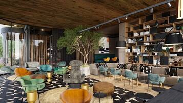 A modern interior with a mix of seating options, including sofas and chairs, arranged around a central decorative piece.
