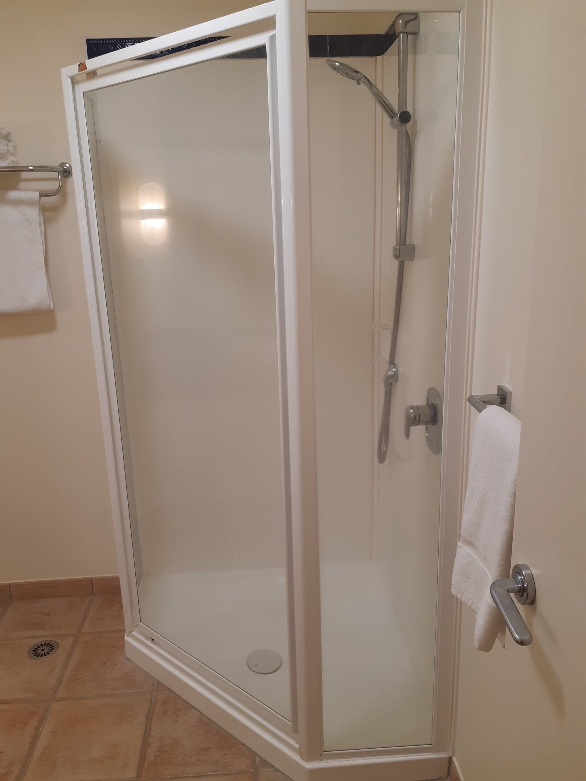 A glass-enclosed shower with a handheld showerhead and a wall-mounted faucet.
