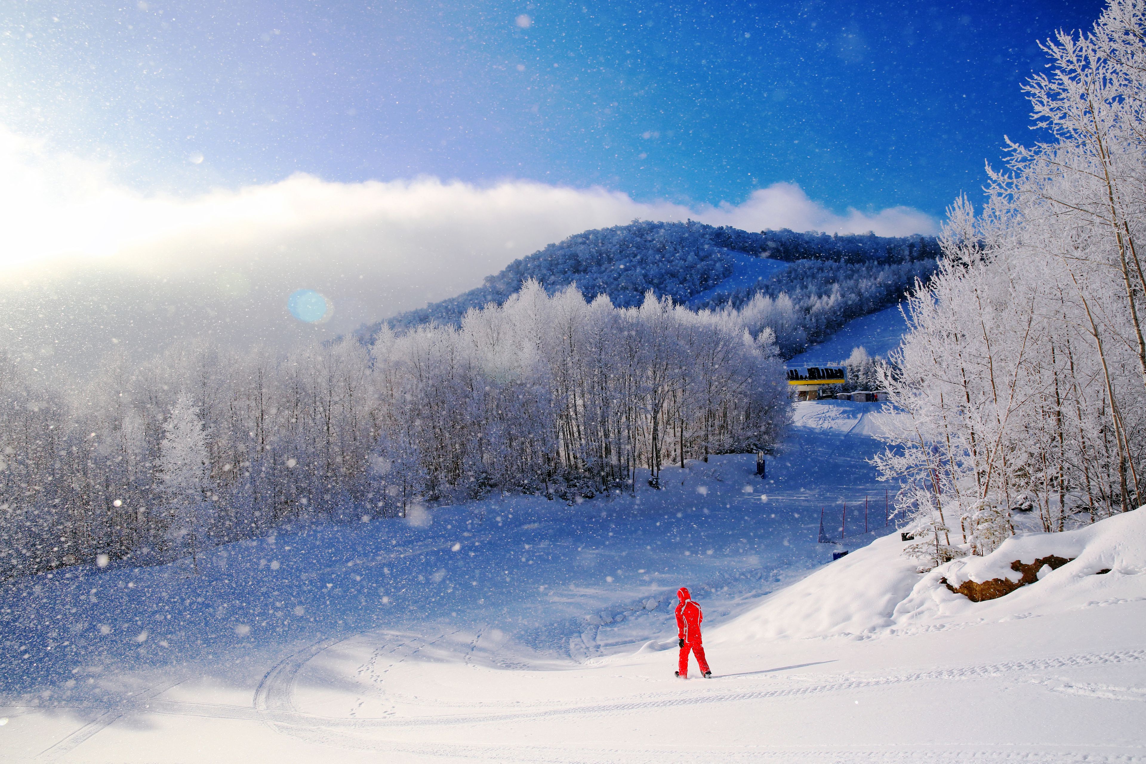 A snowy landscape with a person in red, trees, and a mountain in the background.