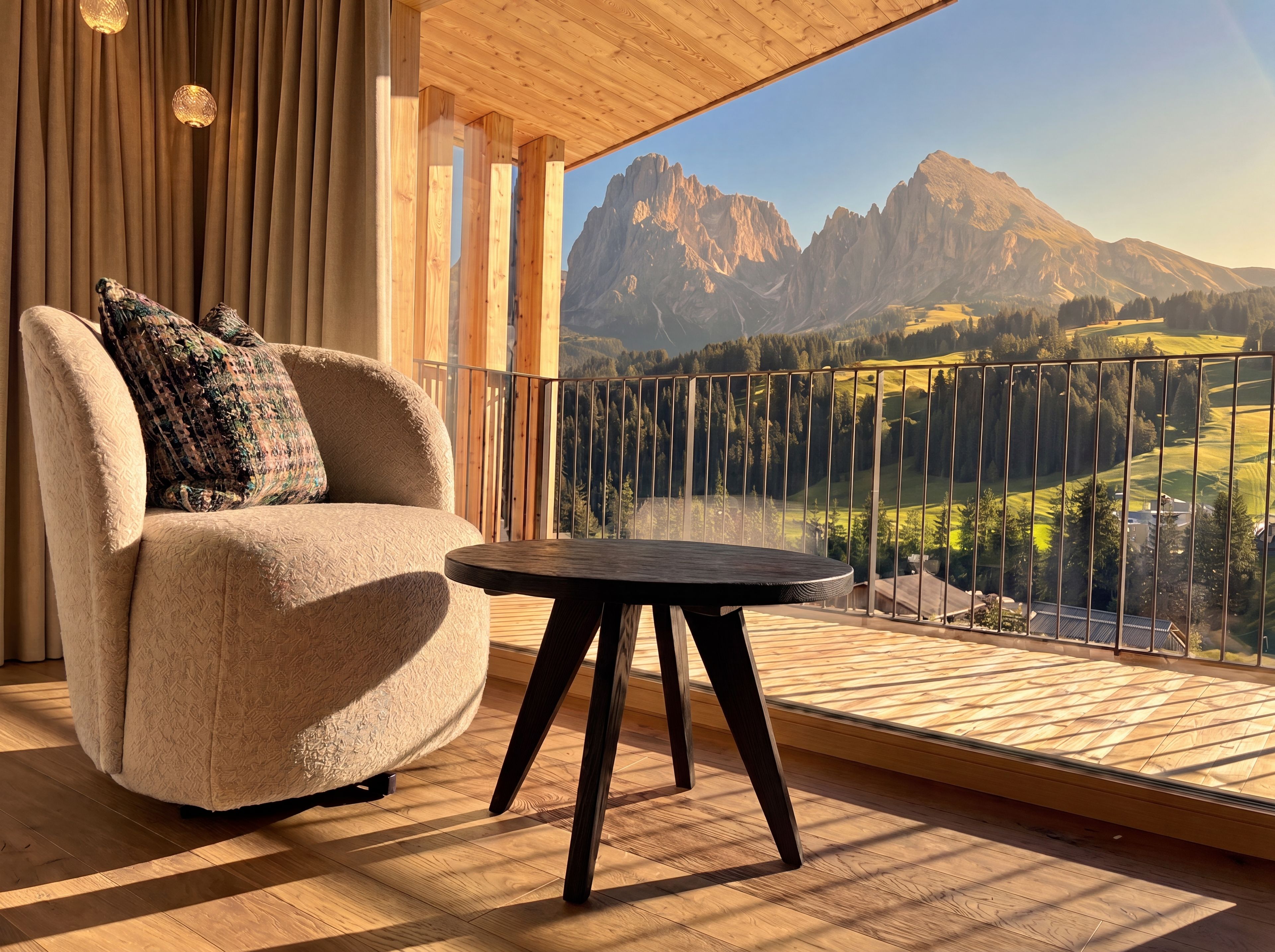 A balcony with a view of mountains, a cushioned chair, and a small table.