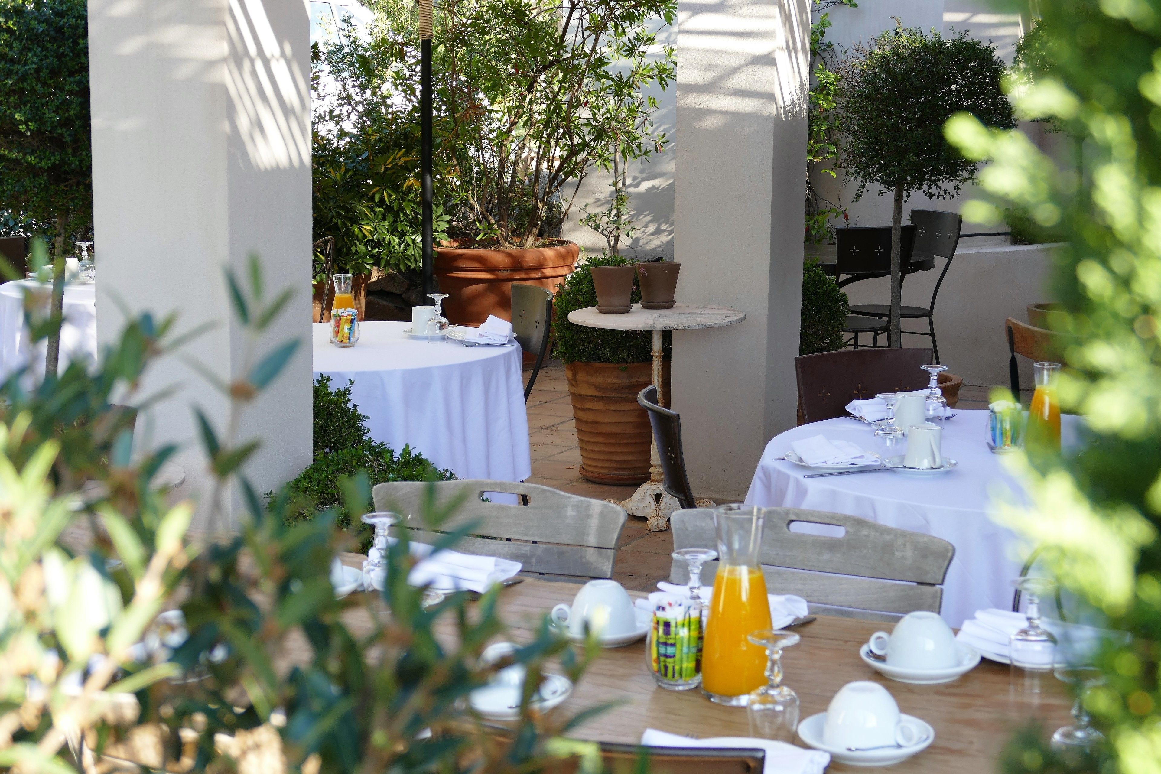 Un área de comedor al aire libre con mesas redondas dispuestas para el desayuno, rodeada de plantas en macetas y árboles.