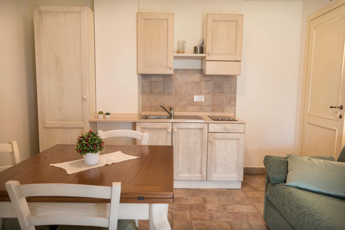 A compact kitchen with wooden cabinets, a dining table with chairs, and a green sofa.