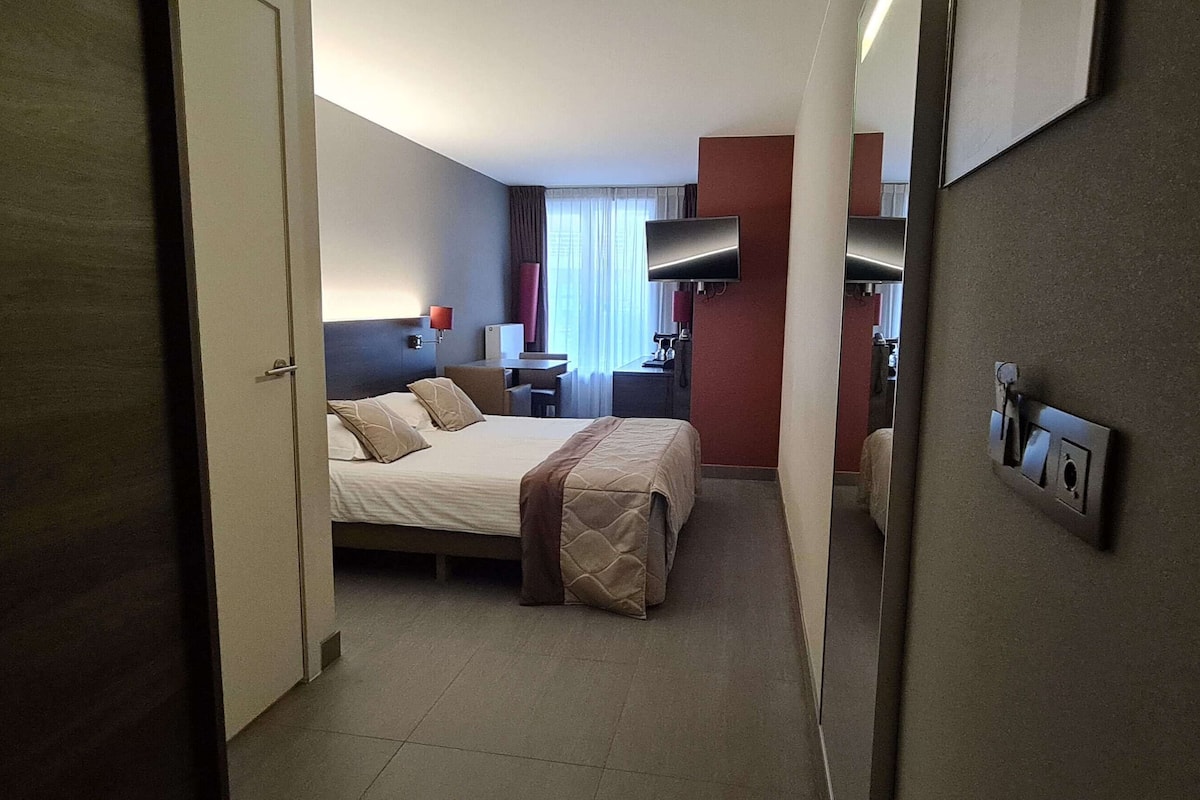 A hotel room with a bed, a desk, a chair, and a mirror.