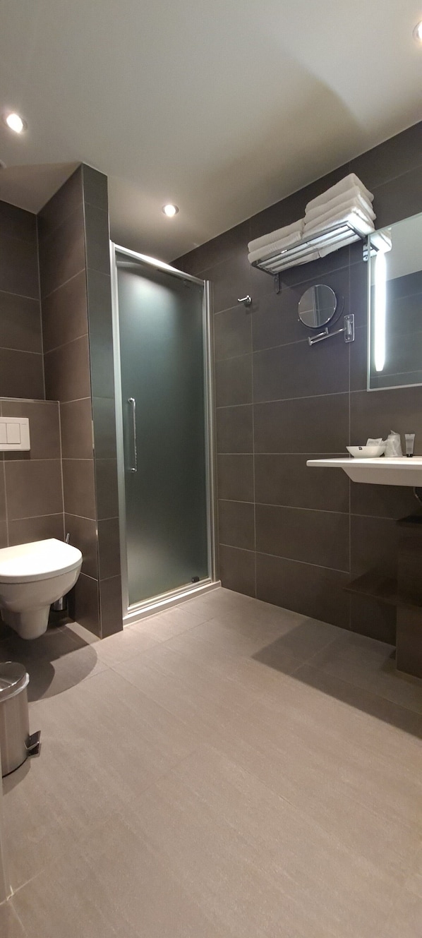 Une salle de bain moderne avec une douche à parois de verre, un lavabo blanc et un miroir au-dessus du lavabo.