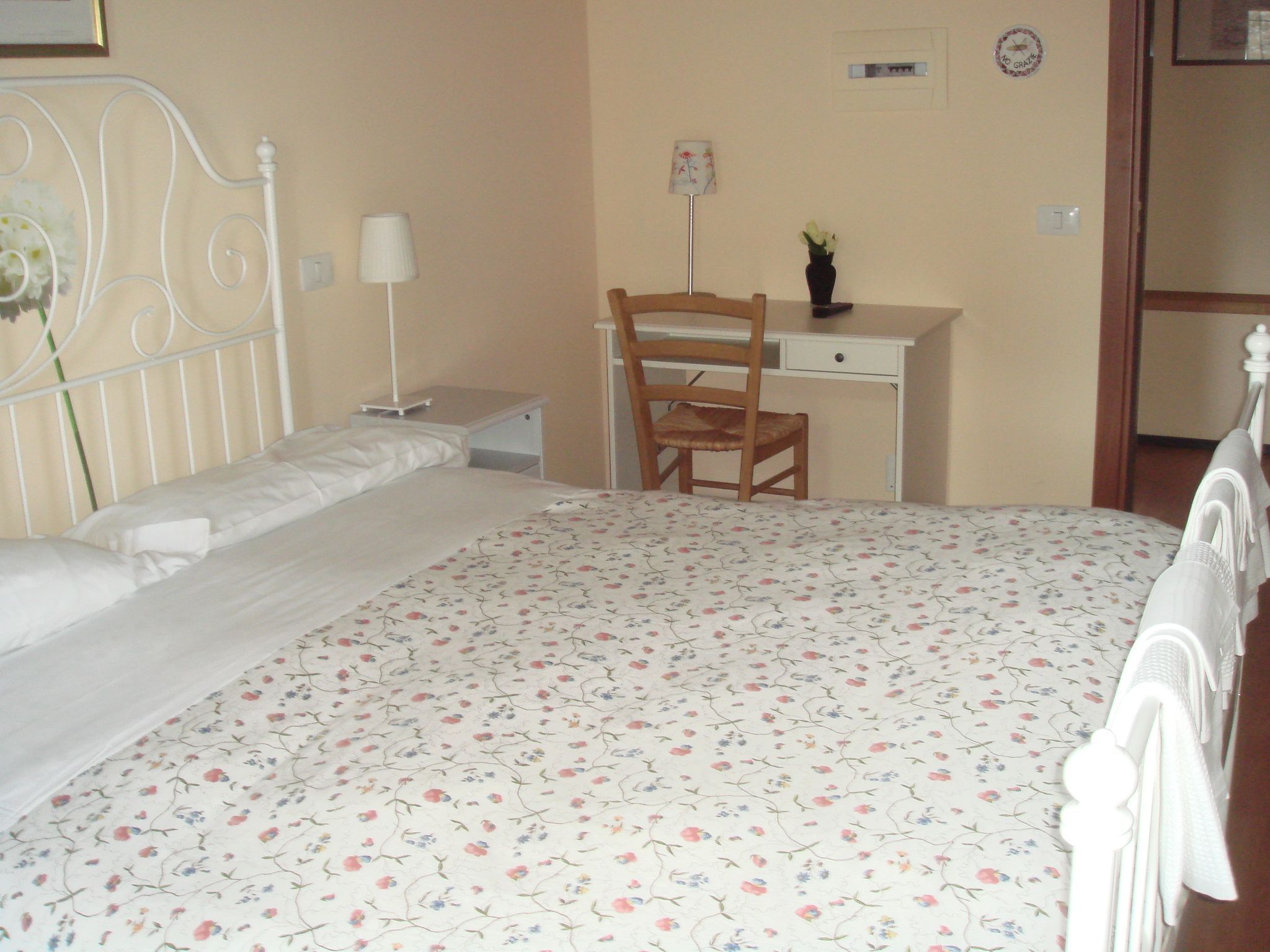 Un dormitorio con una cama individual, una silla de madera, un escritorio y una pequeña planta en maceta.
