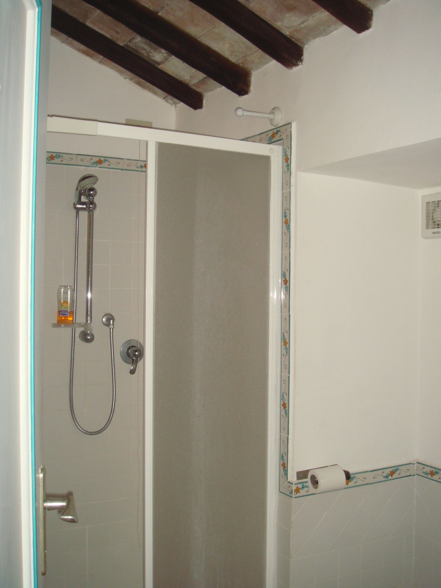 Un baño con ducha, papel higiénico y un perchero para toallas.