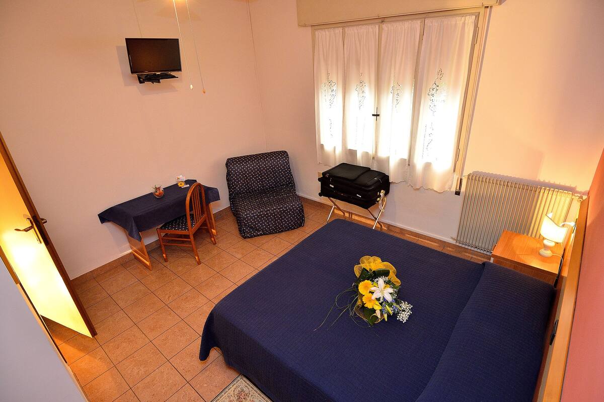 Une chambre d’hôtel avec un lit, un bureau, une chaise, une valise et un téléviseur.